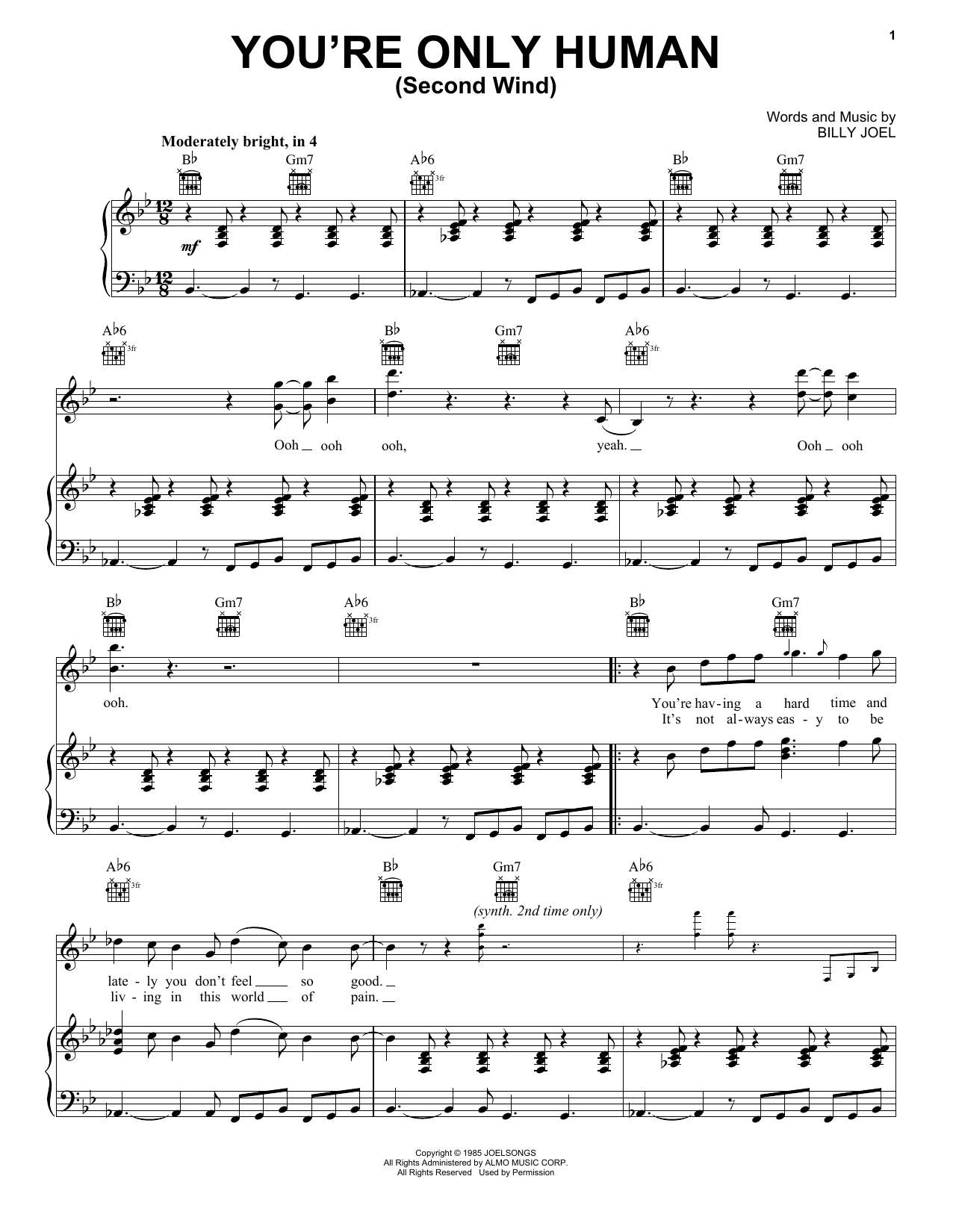 You're Only Human (Second Wind) (Piano, Vocal & Guitar Chords (Right-Hand Melody)) von Billy Joel