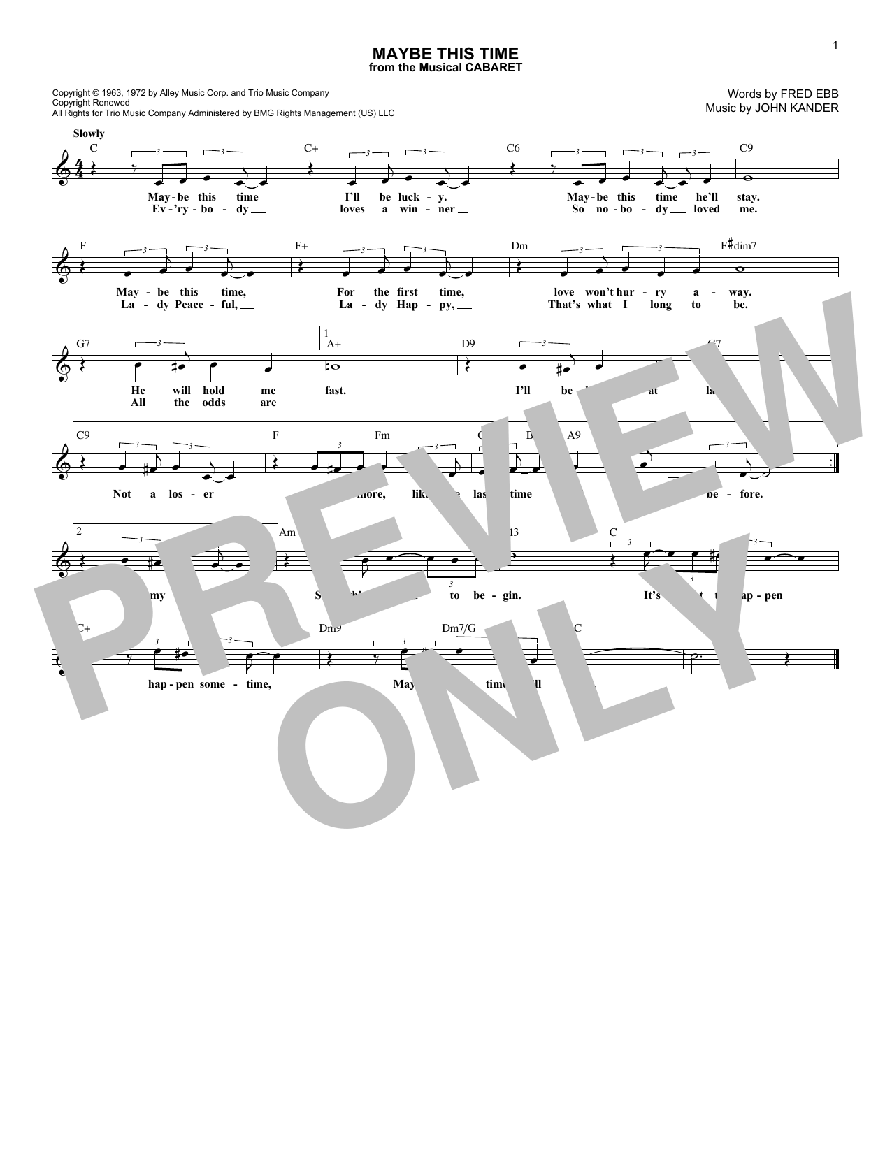 Maybe This Time (from Cabaret) (Lead Sheet / Fake Book) von Kander & Ebb