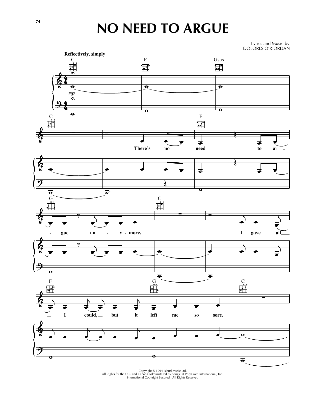 No Need To Argue (Piano, Vocal & Guitar Chords (Right-Hand Melody)) von The Cranberries