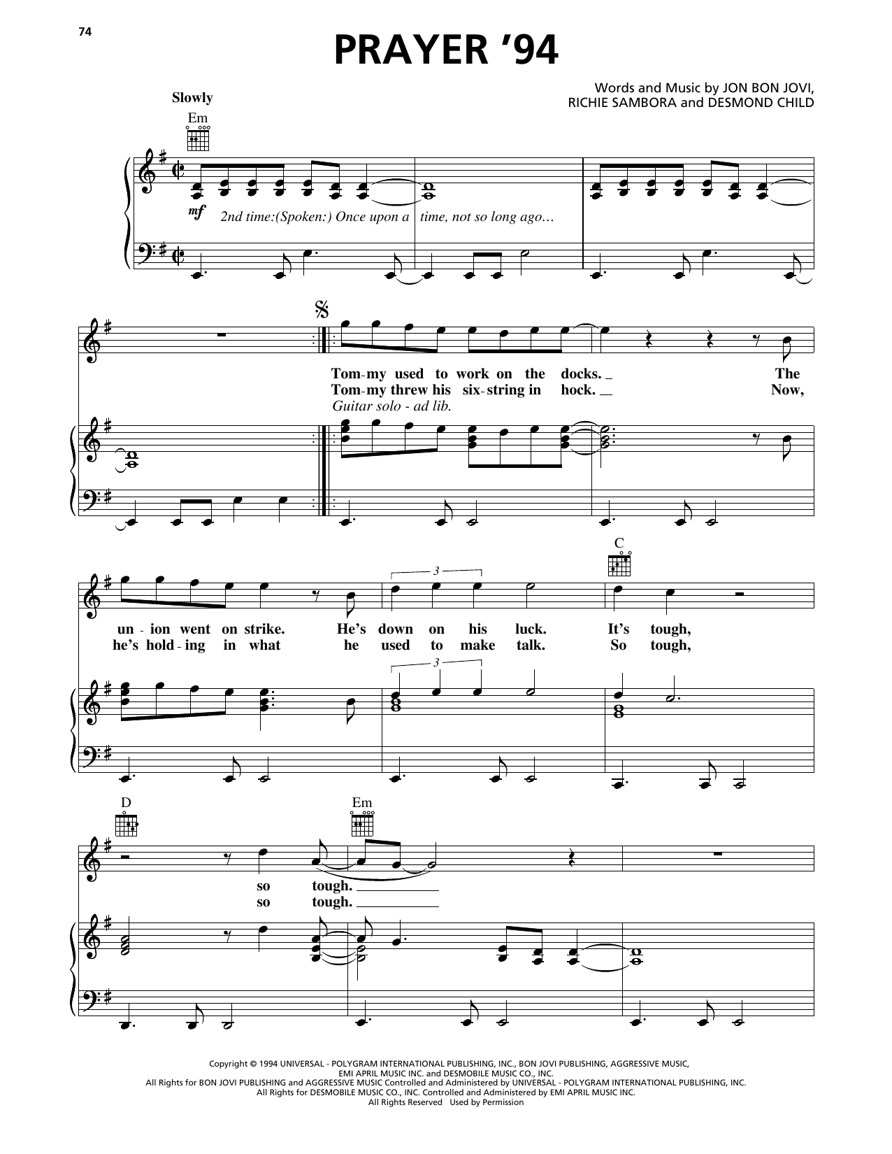 Prayer '94 (Piano, Vocal & Guitar Chords (Right-Hand Melody)) von Bon Jovi