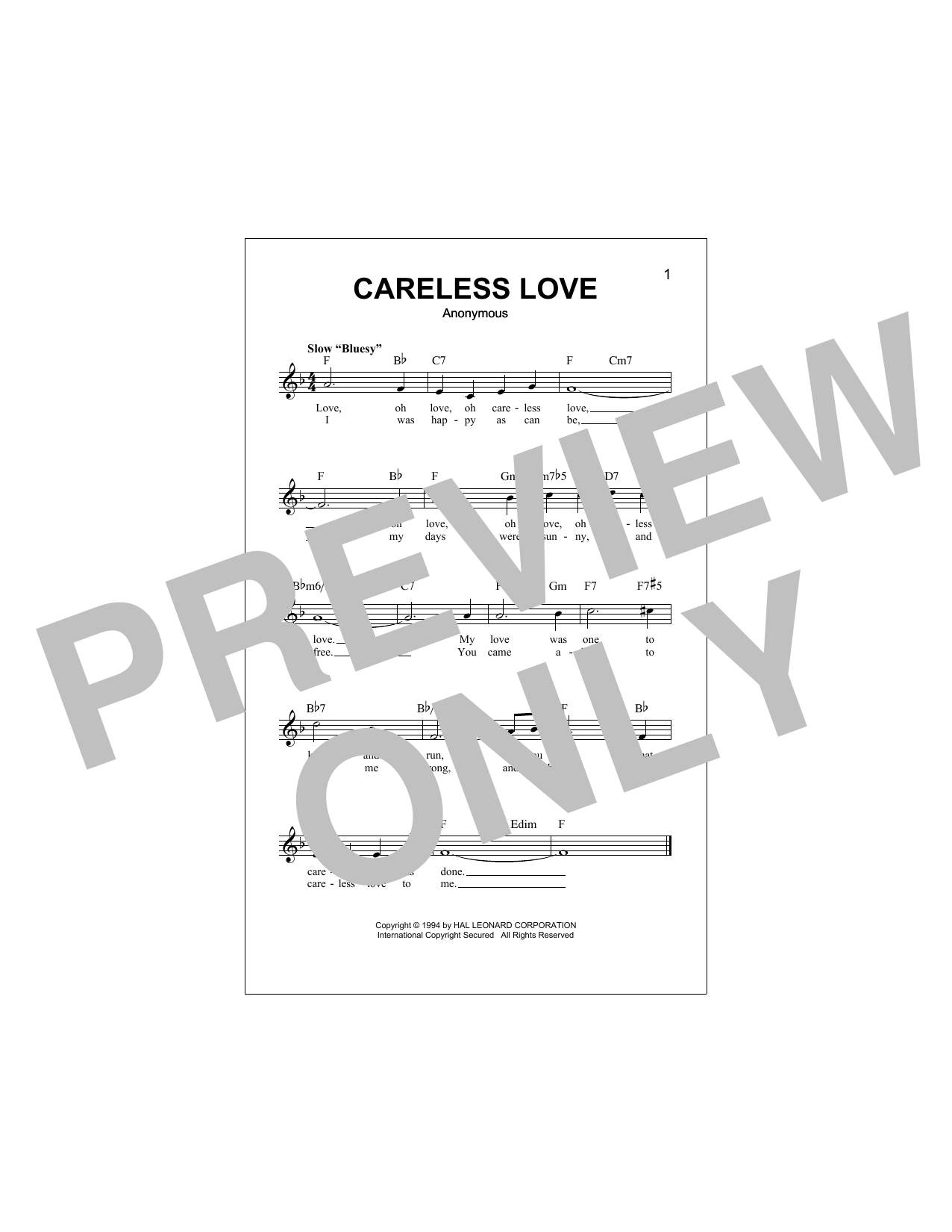 Careless Love (Lead Sheet / Fake Book) von Anonymous