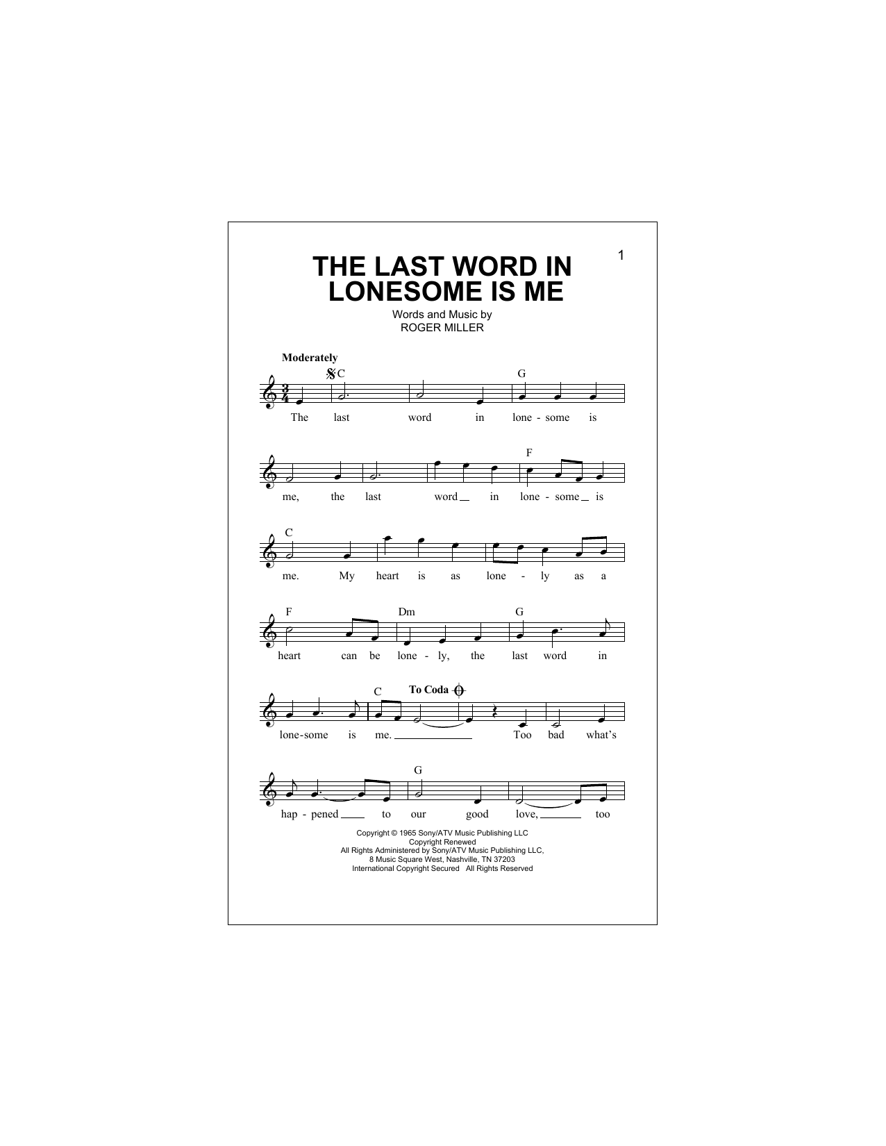 The Last Word In Lonesome Is Me (Lead Sheet / Fake Book) von Roger Miller