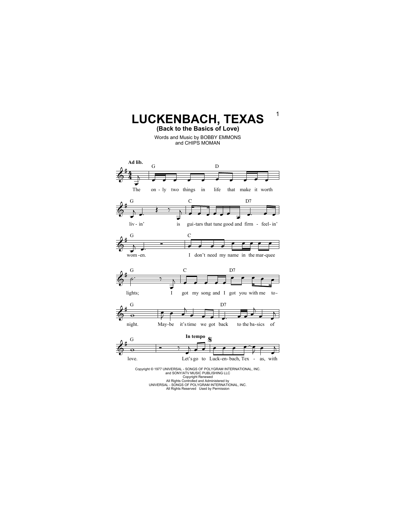 Luckenbach, Texas (Back To The Basics Of Love) (Lead Sheet / Fake Book) von Waylon Jennings