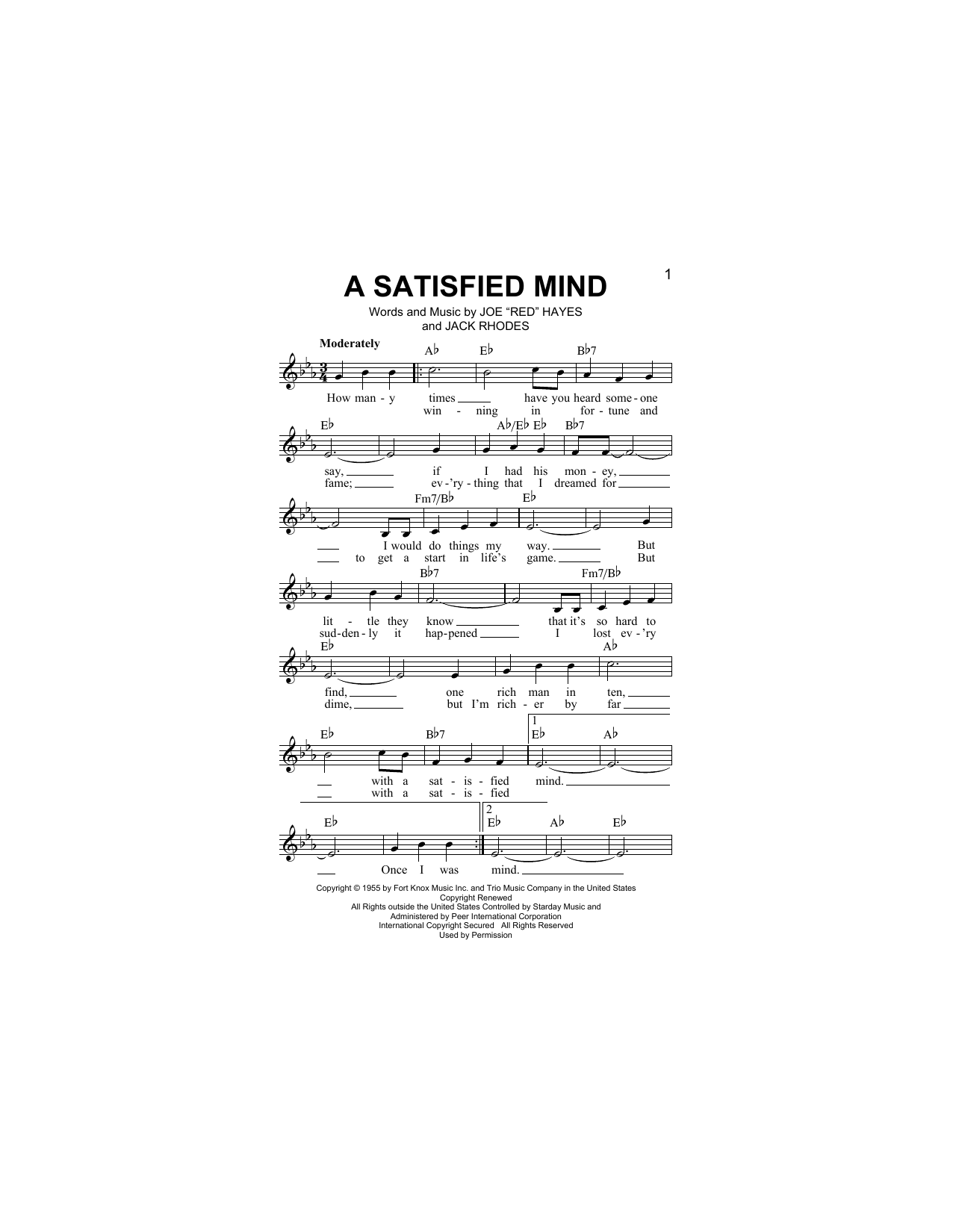 A Satisfied Mind (Lead Sheet / Fake Book) von Porter Wagoner