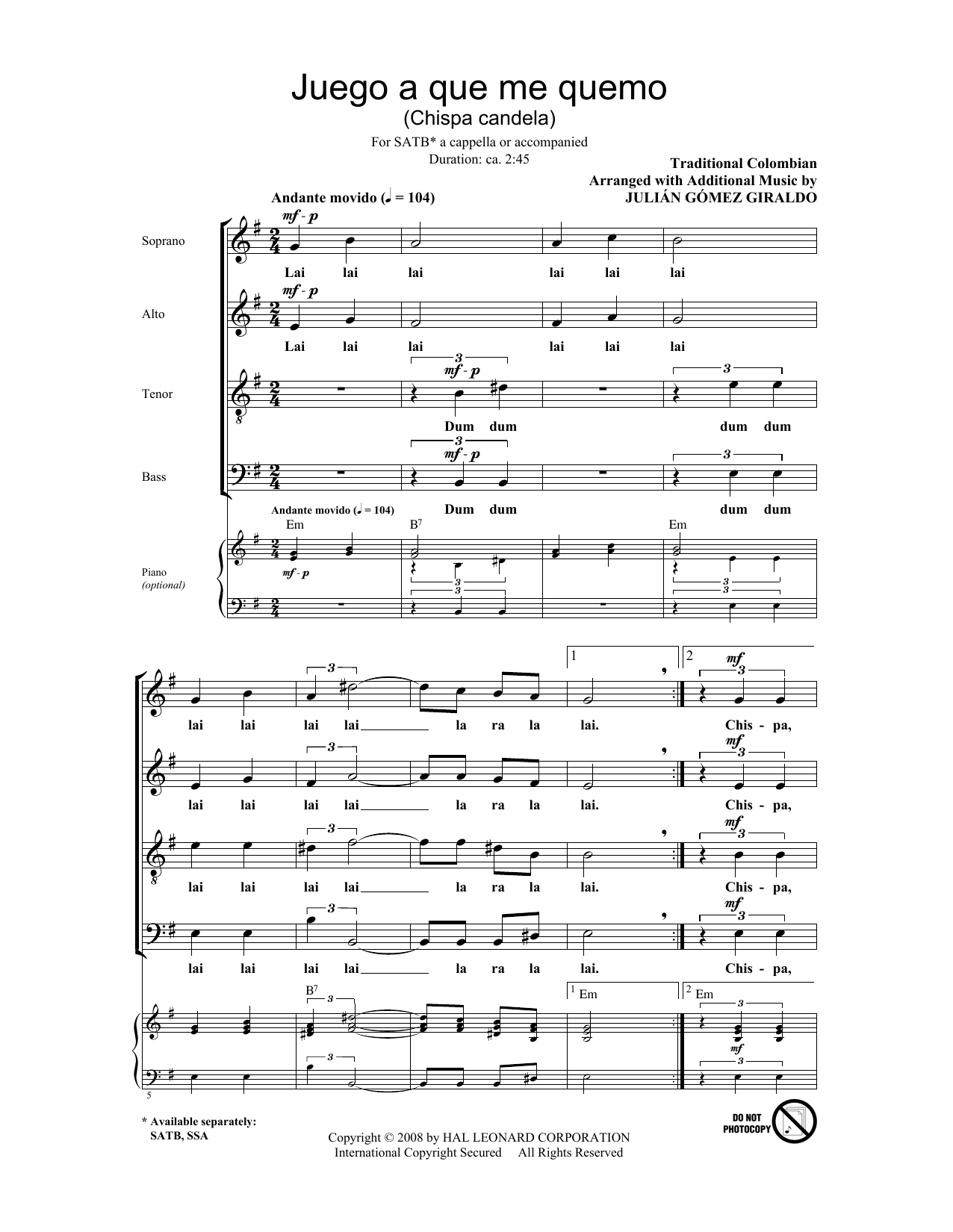 Juego A Que Me Quemo (Chispa Candela) (SATB Choir) von Julian Gomez Giraldo