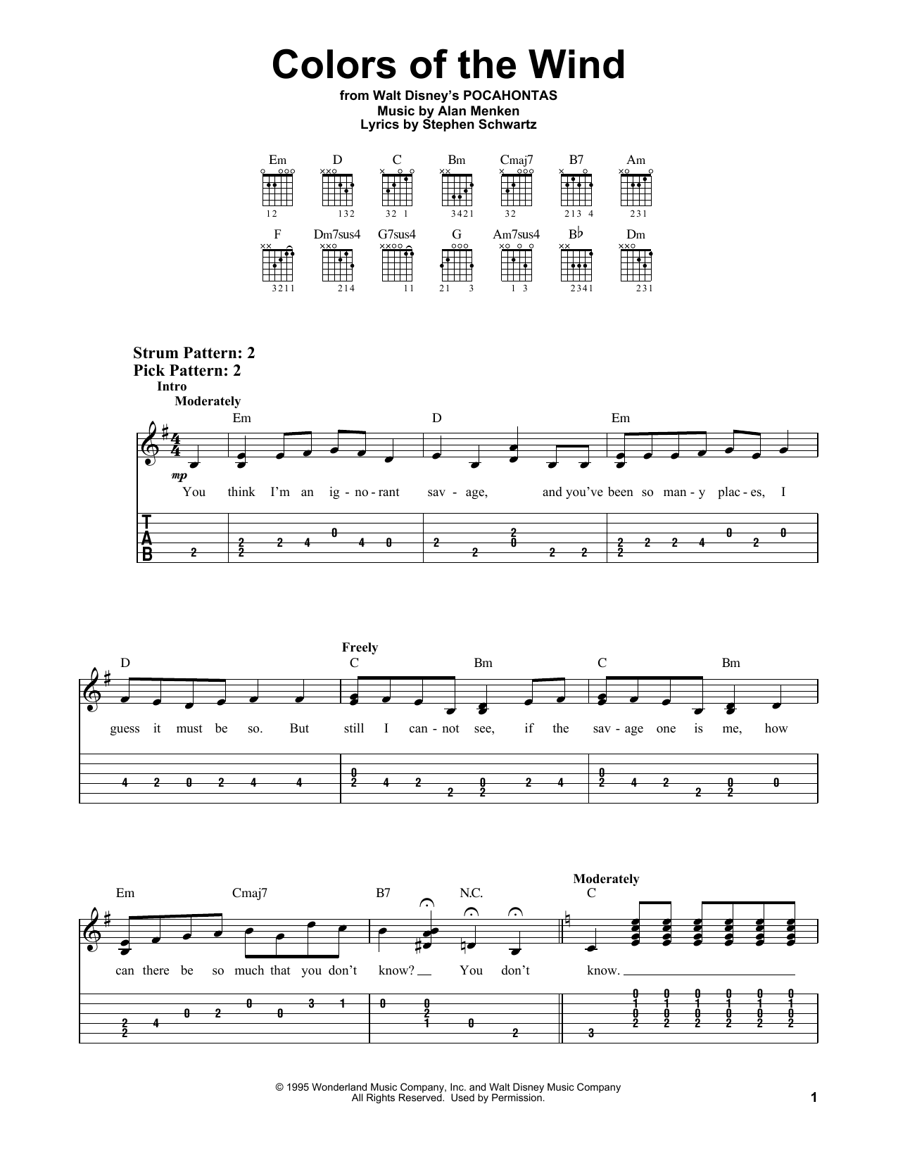 Colors Of The Wind (from Pocahontas) (Easy Guitar Tab) von Vanessa Williams