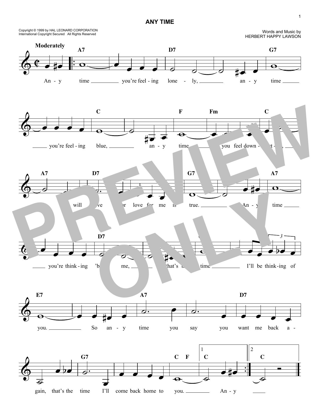 Any Time (Lead Sheet / Fake Book) von Herbert Happy Lawson