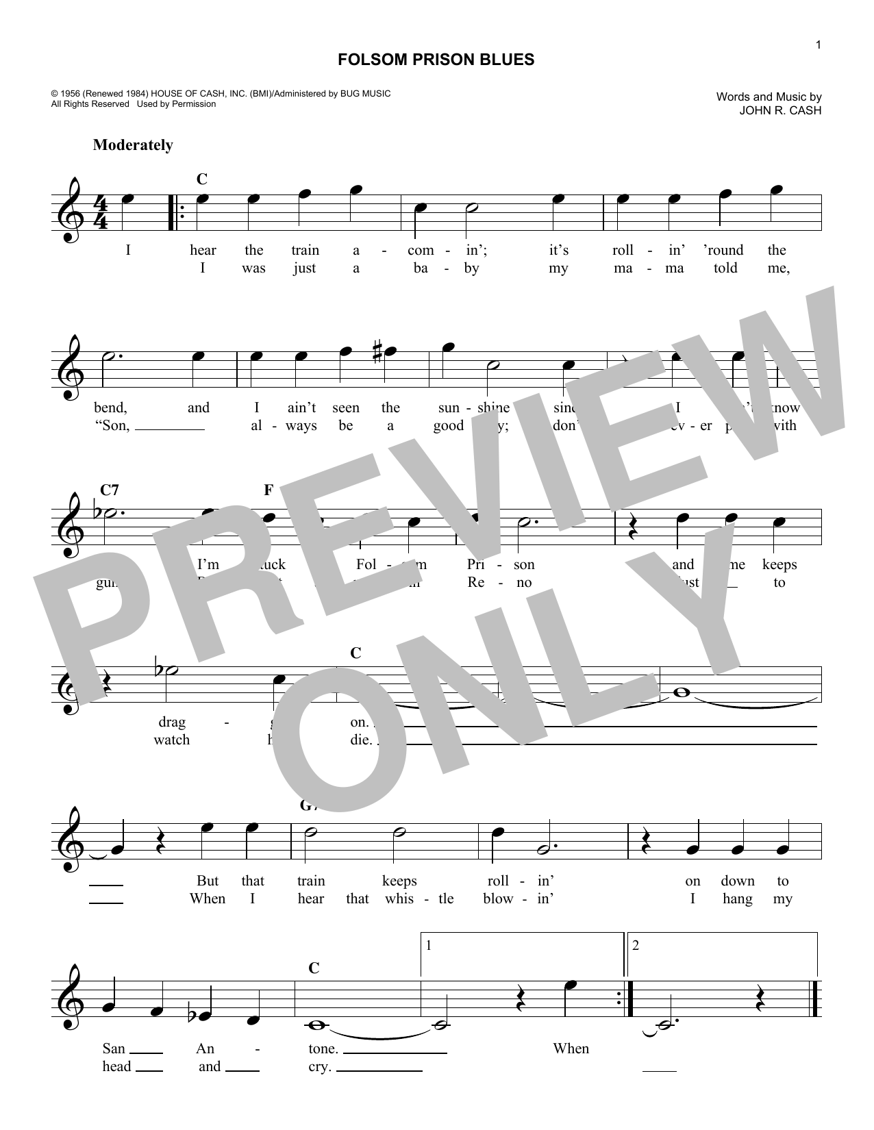 Folsom Prison Blues (Lead Sheet / Fake Book) von Johnny Cash