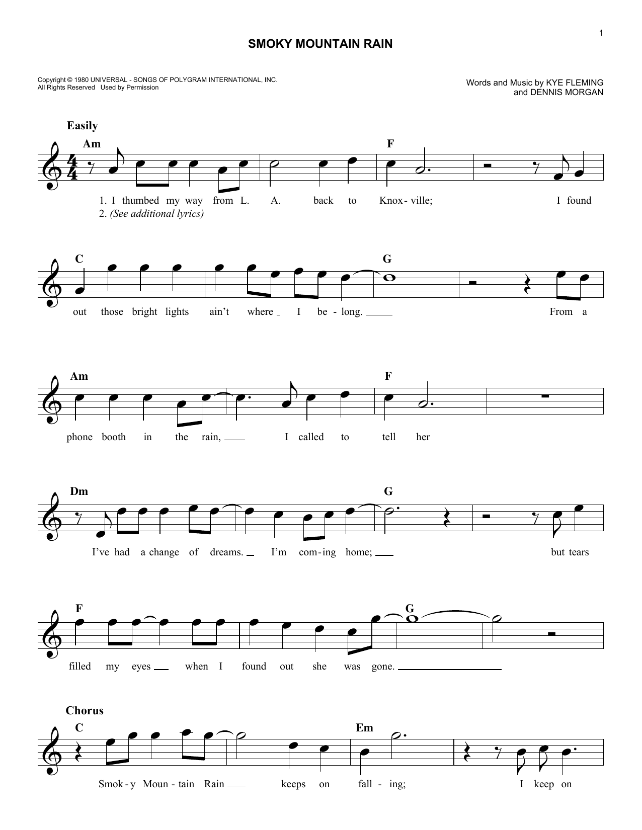 Smoky Mountain Rain (Lead Sheet / Fake Book) von Ronnie Milsap