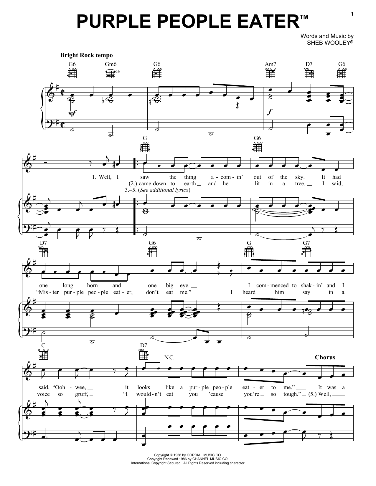 Purple People Eater (Piano, Vocal & Guitar Chords (Right-Hand Melody)) von Sheb Wooley