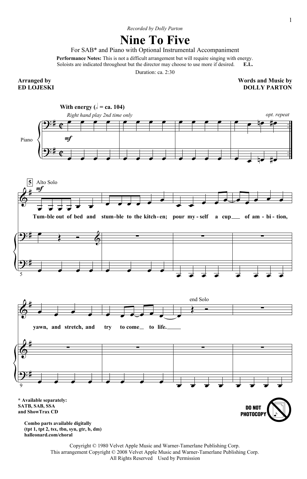 Nine To Five (arr. Ed Lojeski) (SAB Choir) von Dolly Parton