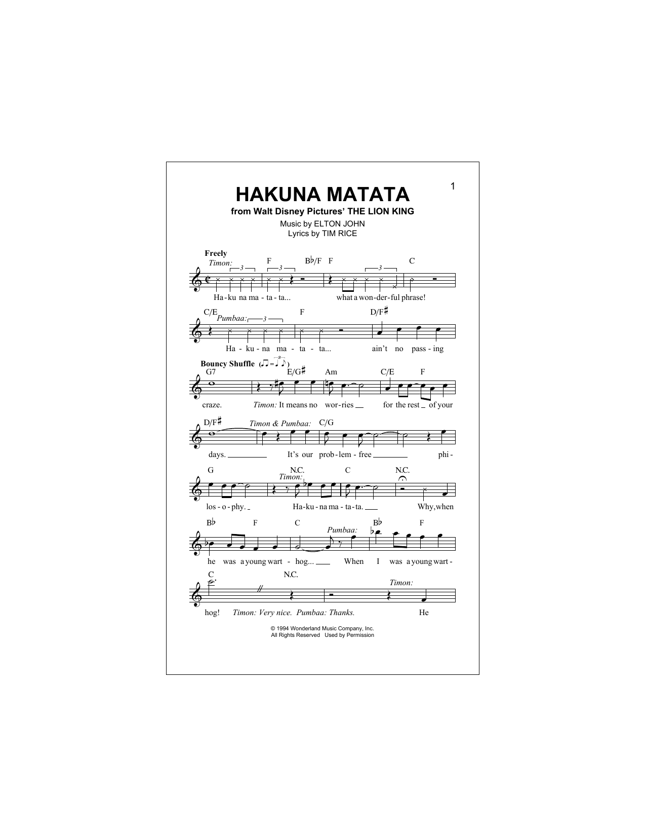Hakuna Matata (from The Lion King) (Lead Sheet / Fake Book) von Elton John