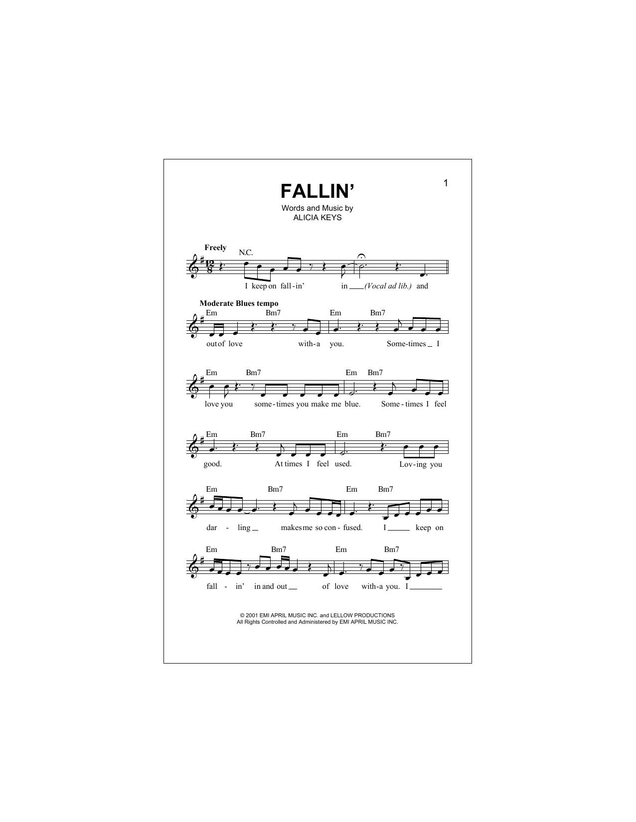 Fallin' (Lead Sheet / Fake Book) von Alicia Keys