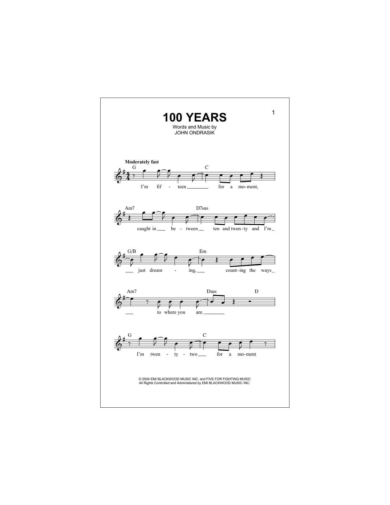 100 Years (Lead Sheet / Fake Book) von Five For Fighting