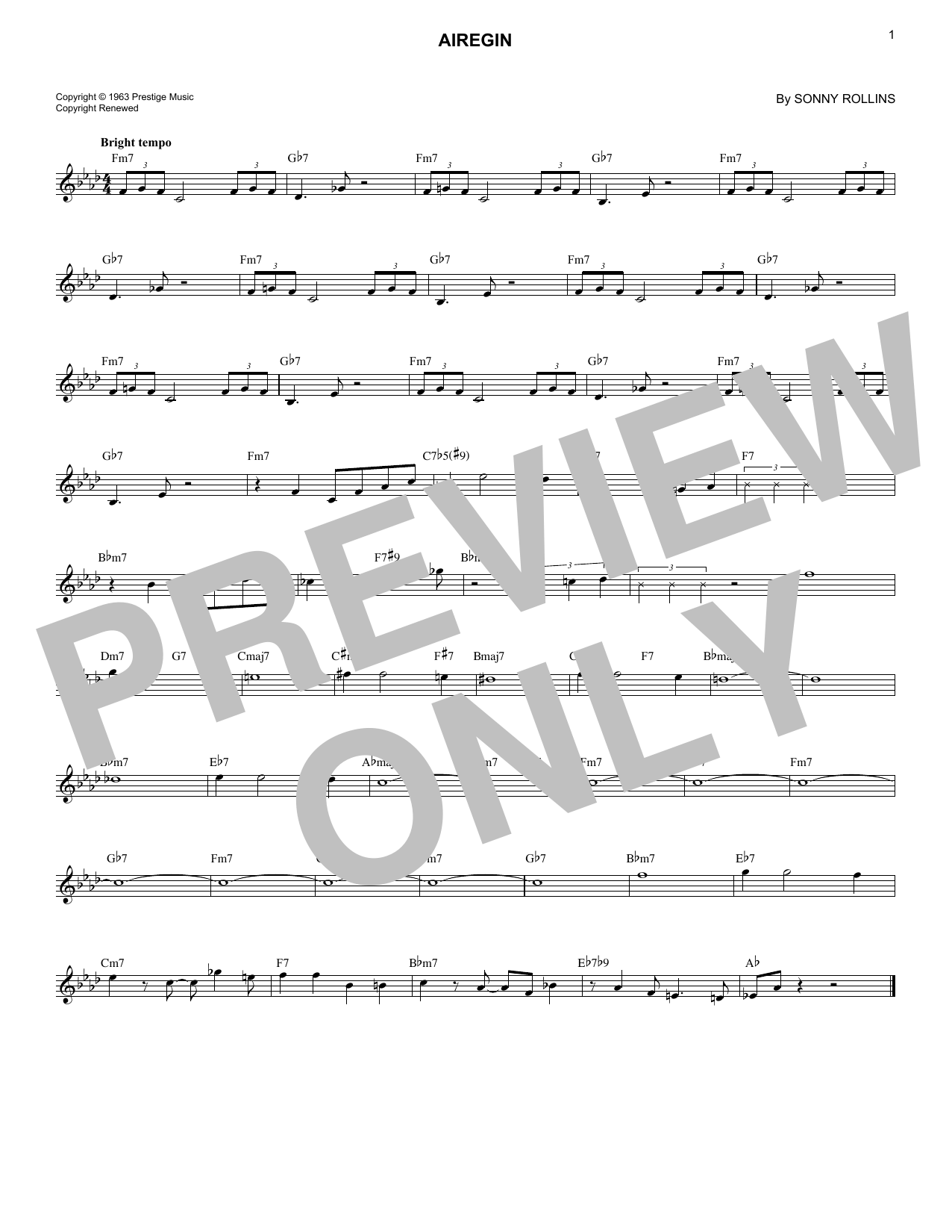 Airegin (Lead Sheet / Fake Book) von Sonny Rollins