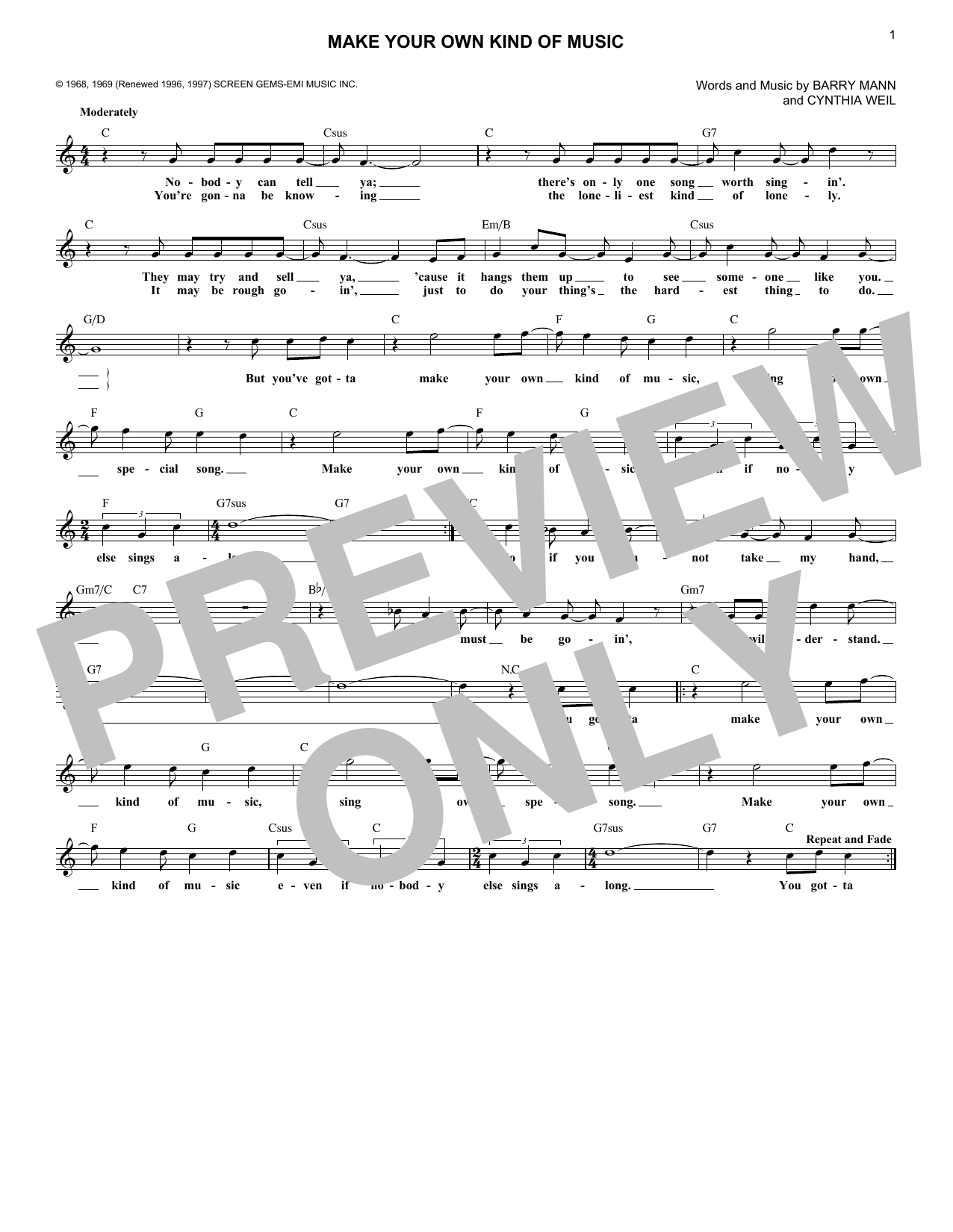Make Your Own Kind Of Music (Lead Sheet / Fake Book) von Mama Cass Elliot