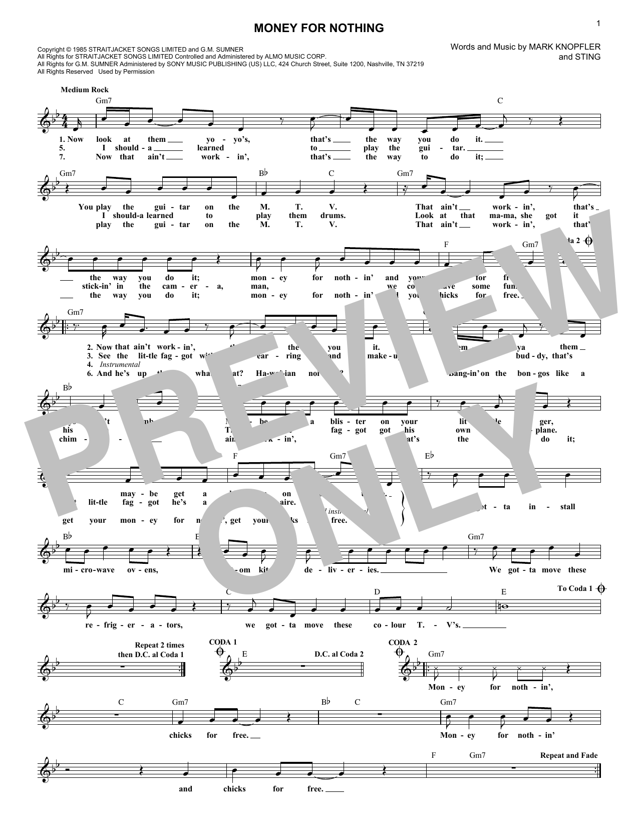 Money For Nothing (Lead Sheet / Fake Book) von Dire Straits