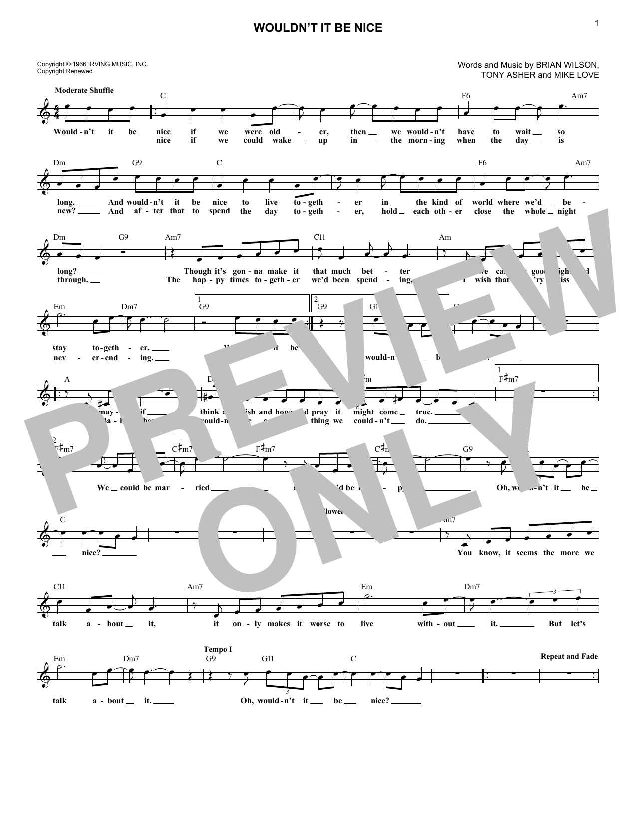 Wouldn't It Be Nice (Lead Sheet / Fake Book) von The Beach Boys