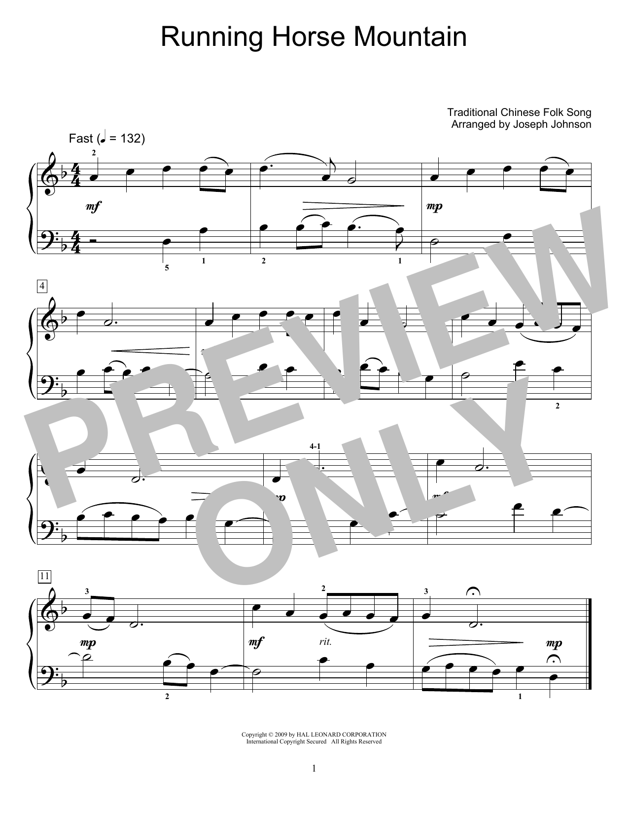 Running Horse Mountain (arr. Joseph Johnson) (Educational Piano) von Traditional Chinese Folk Song