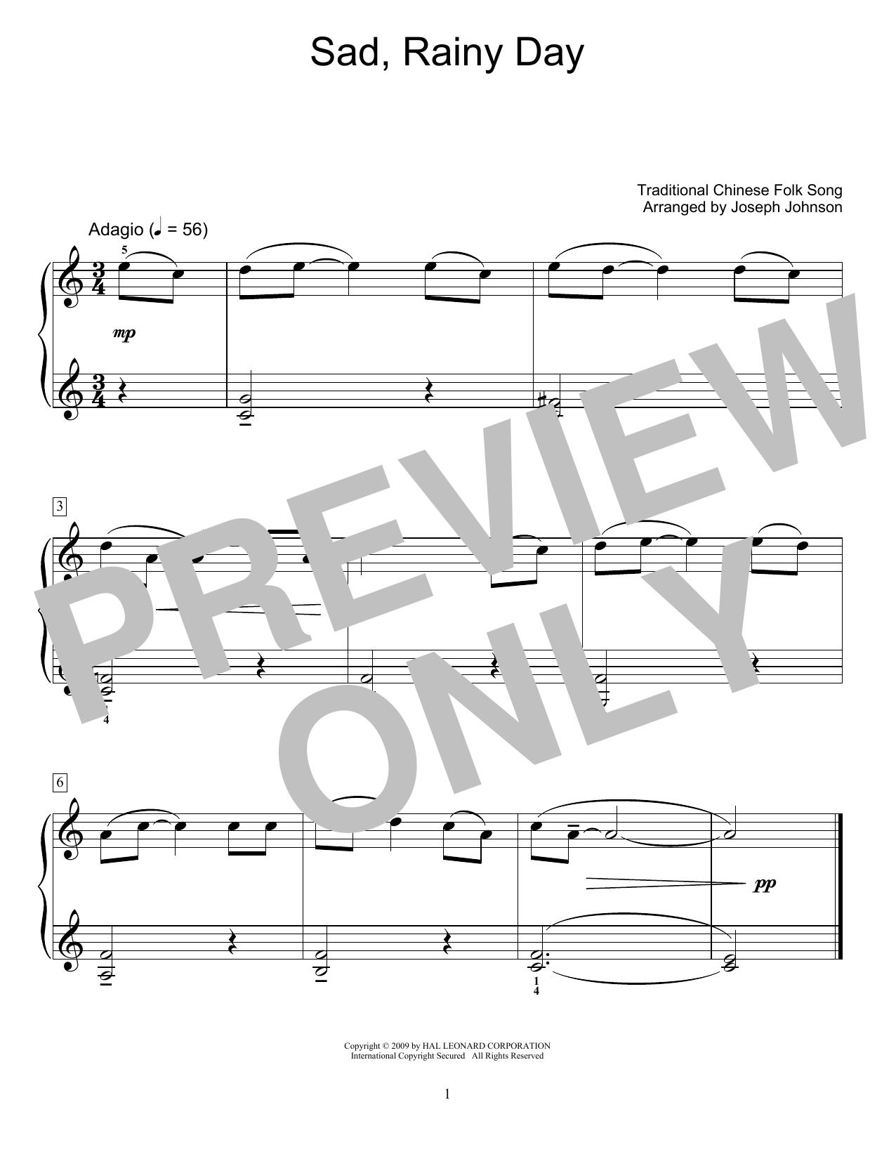 Sad, Rainy Day (arr. Joseph Johnson) (Educational Piano) von Traditional Chinese Folk Song