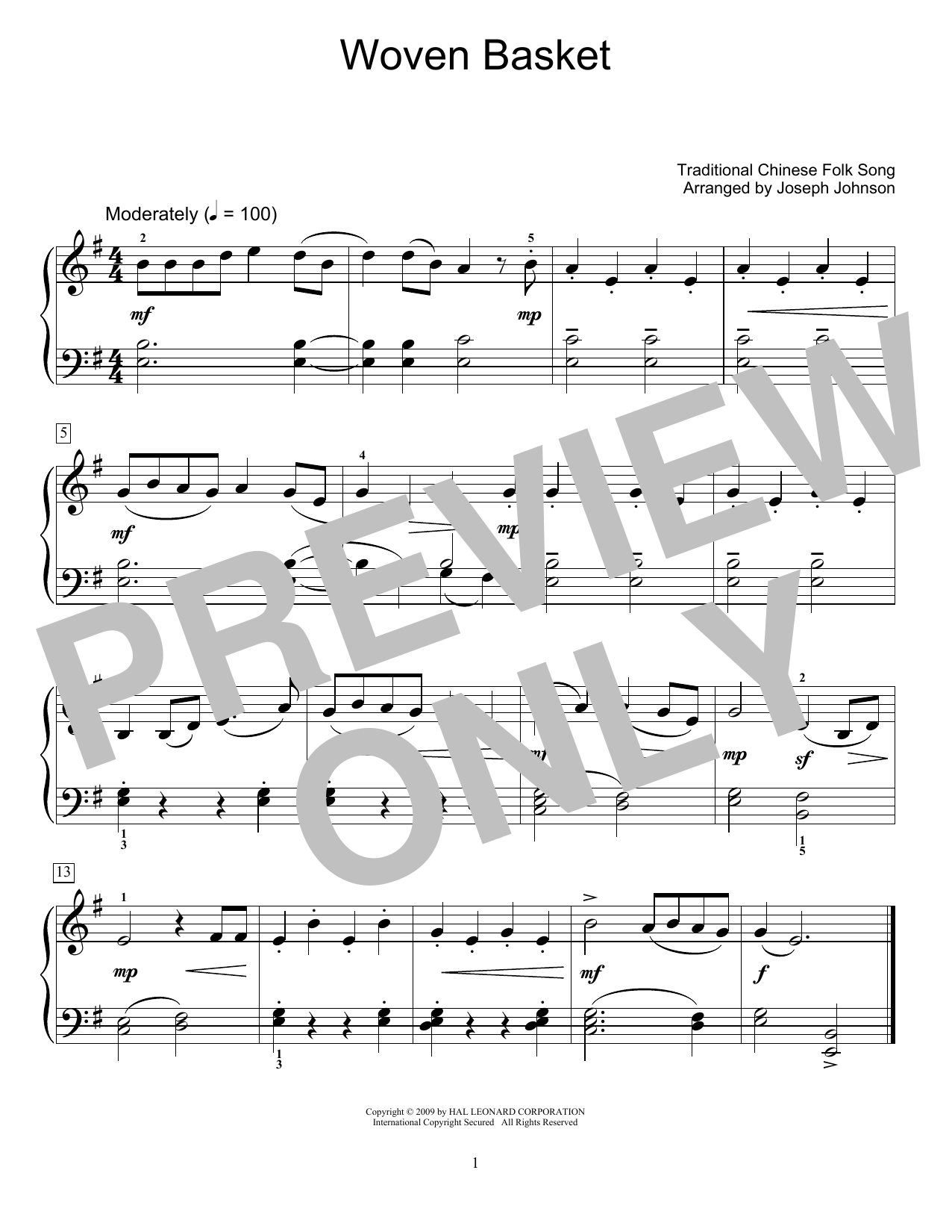 Woven Basket (arr. Joseph Johnson) (Educational Piano) von Traditional Chinese Folk Song