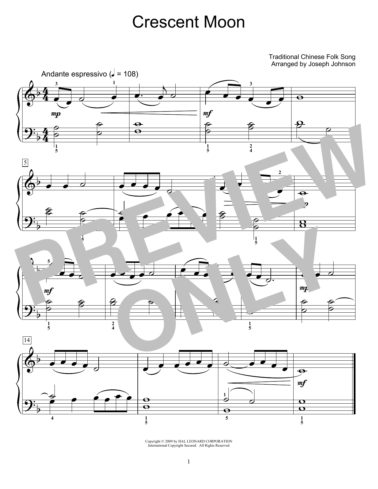 Crescent Moon (arr. Joseph Johnson) (Educational Piano) von Traditional Chinese Folk Song