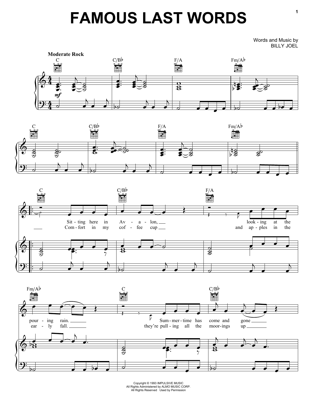 Famous Last Words (Piano, Vocal & Guitar Chords (Right-Hand Melody)) von Billy Joel
