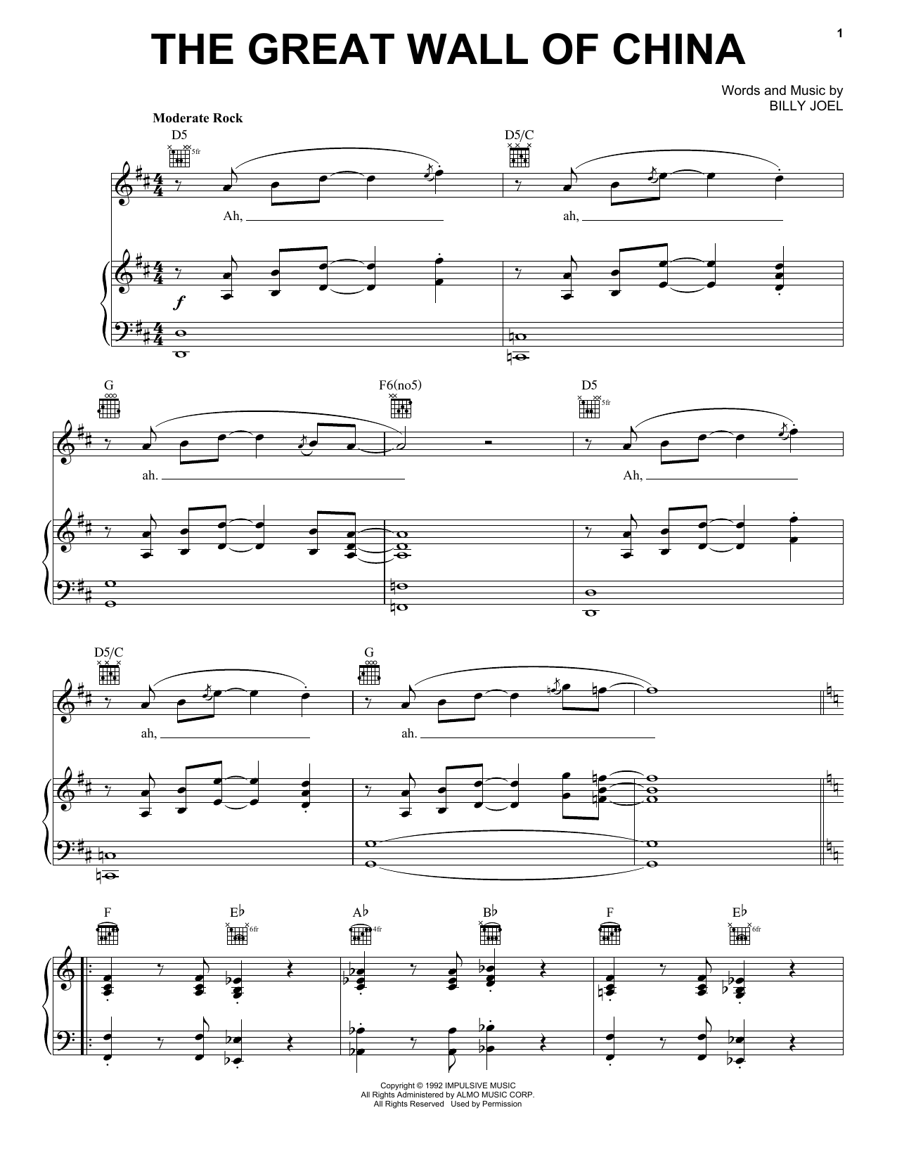 The Great Wall Of China (Piano, Vocal & Guitar Chords (Right-Hand Melody)) von Billy Joel