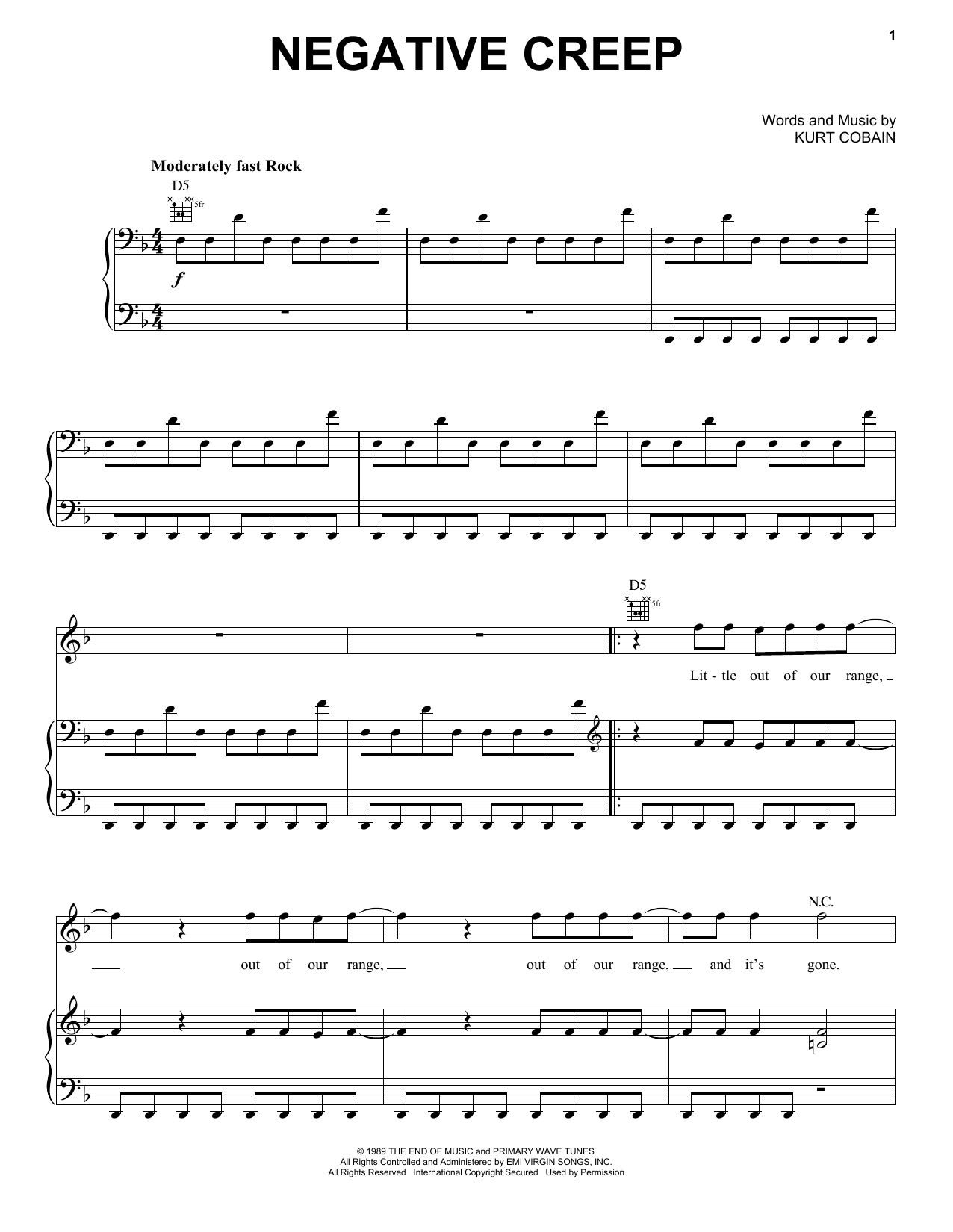 Negative Creep (Piano, Vocal & Guitar Chords (Right-Hand Melody)) von Nirvana