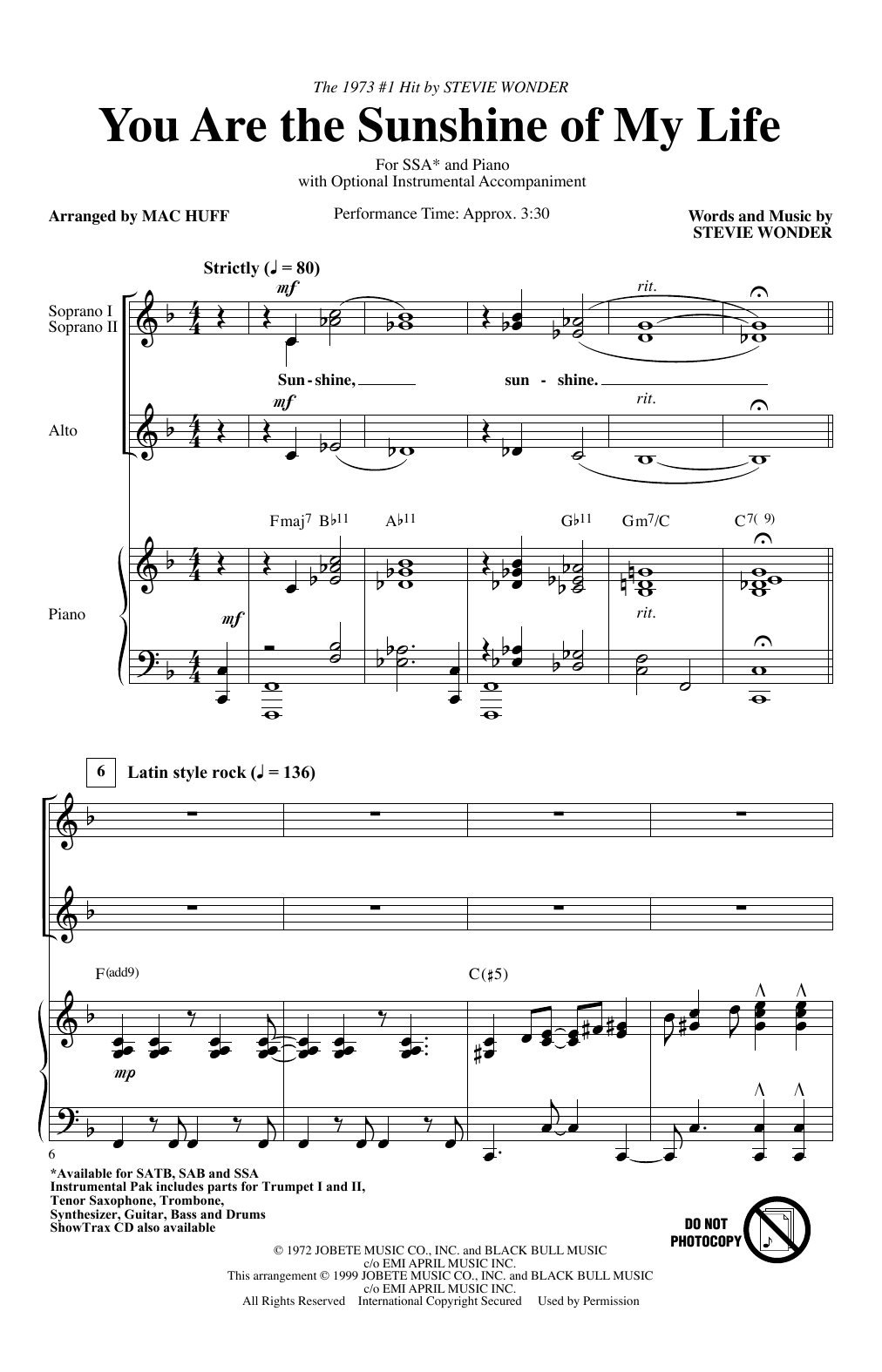 You Are The Sunshine Of My Life (arr. Mac Huff) (SSA Choir) von Stevie Wonder