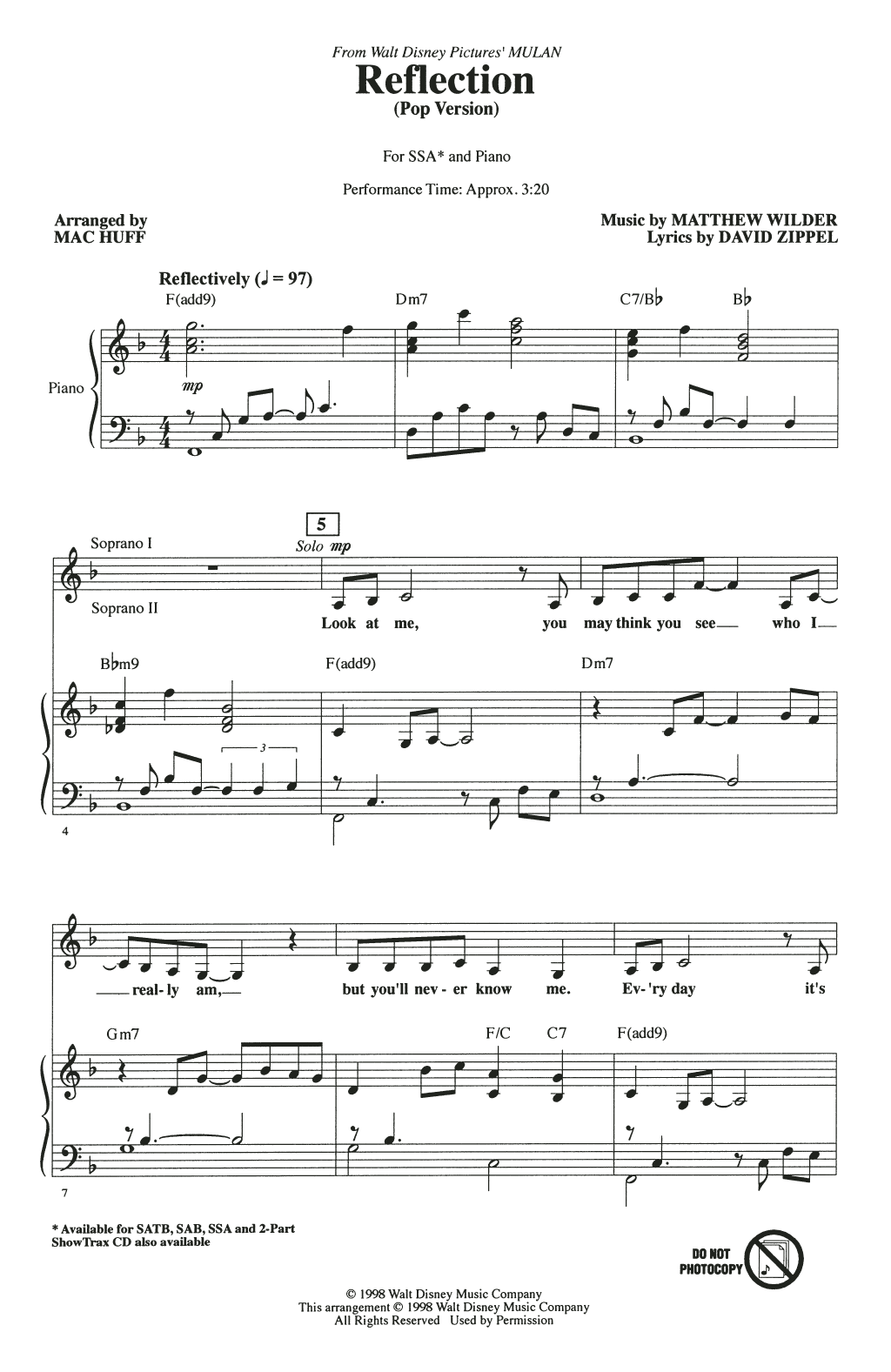 Reflection (Pop Version) (from Mulan) (arr. Mac Huff) (SSA Choir) von Christina Aguilera