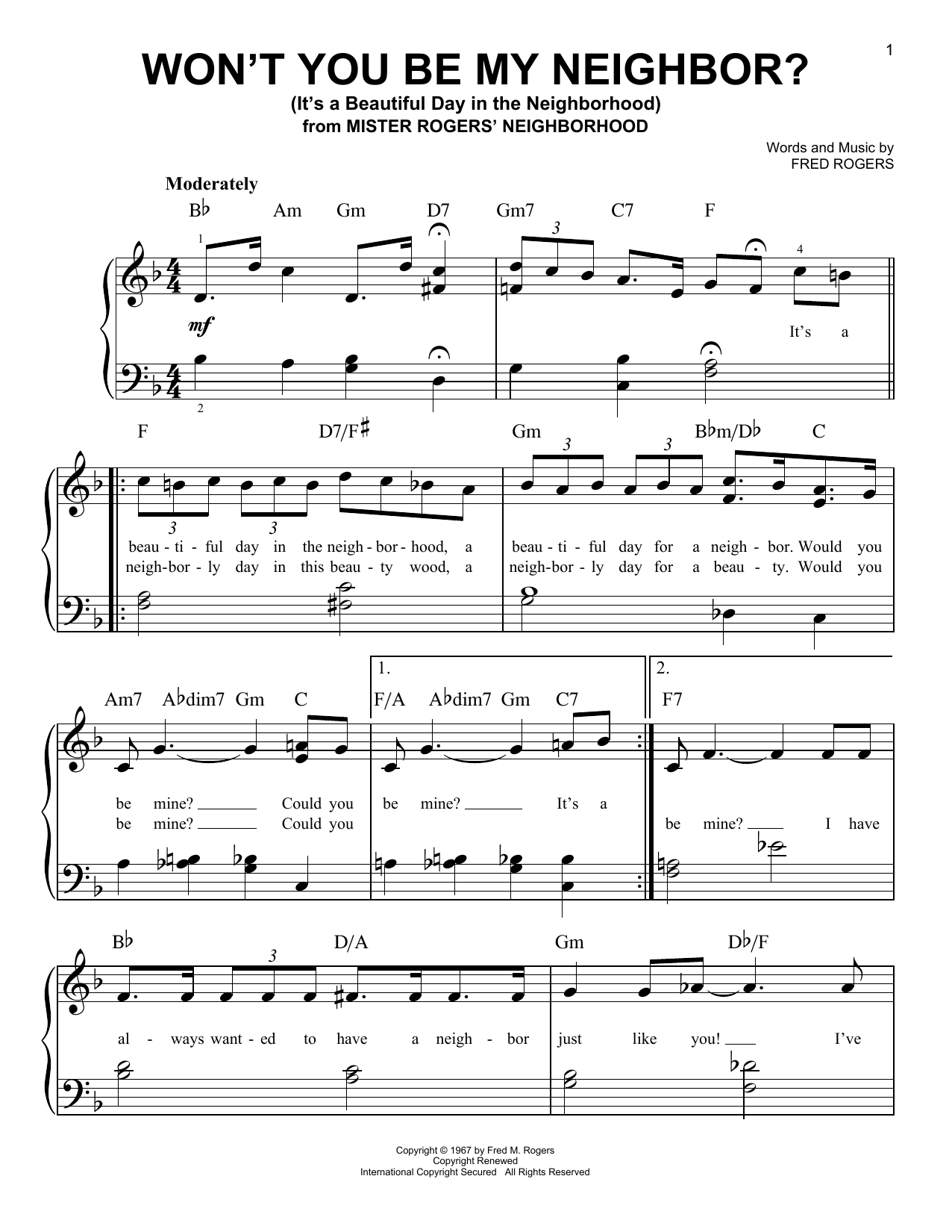 Won't You Be My Neighbor? (It's A Beautiful Day In The Neighborhood) (Very Easy Piano) von Fred Rogers