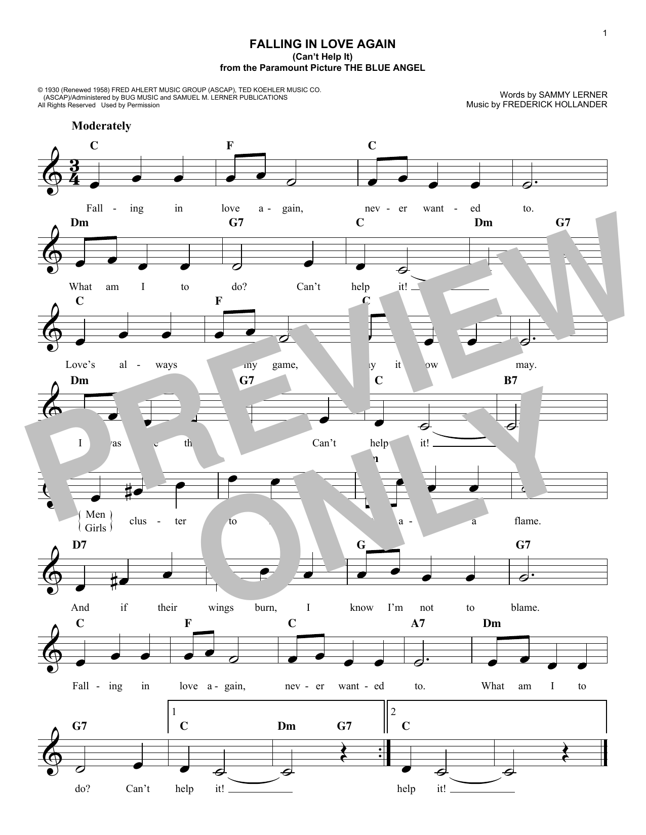 Falling In Love Again (Can't Help It) (Lead Sheet / Fake Book) von Marlene Dietrich