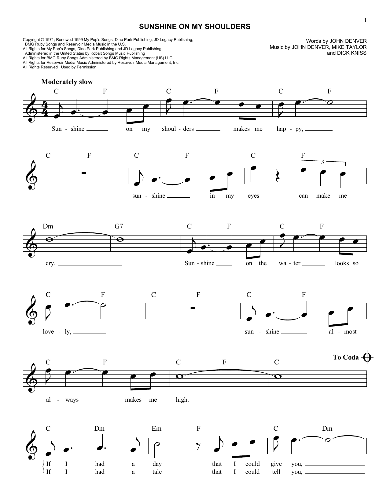 Sunshine On My Shoulders (Lead Sheet / Fake Book) von John Denver