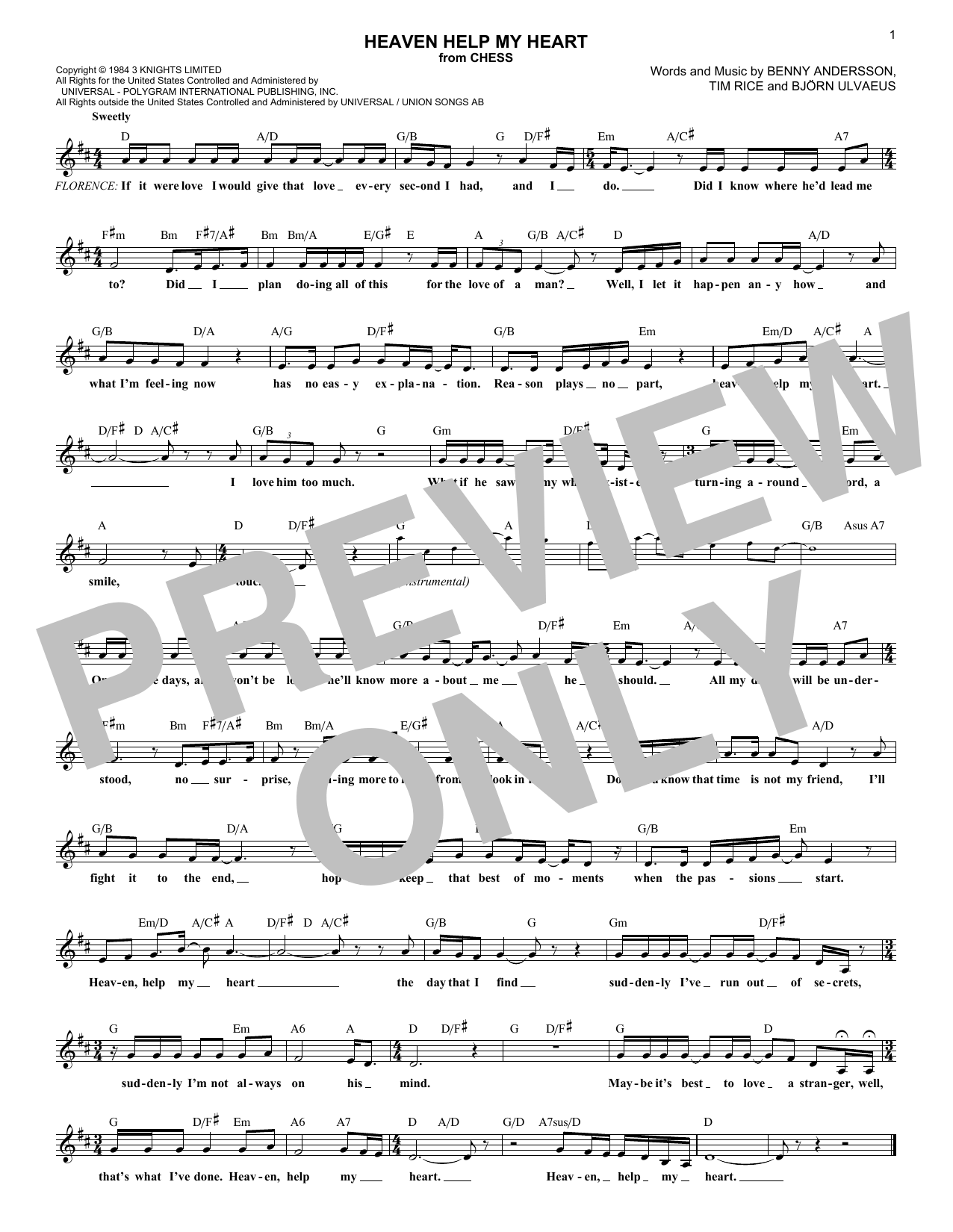 Heaven Help My Heart (from Chess) (Lead Sheet / Fake Book) von ANDERSSON And ULVAEUS