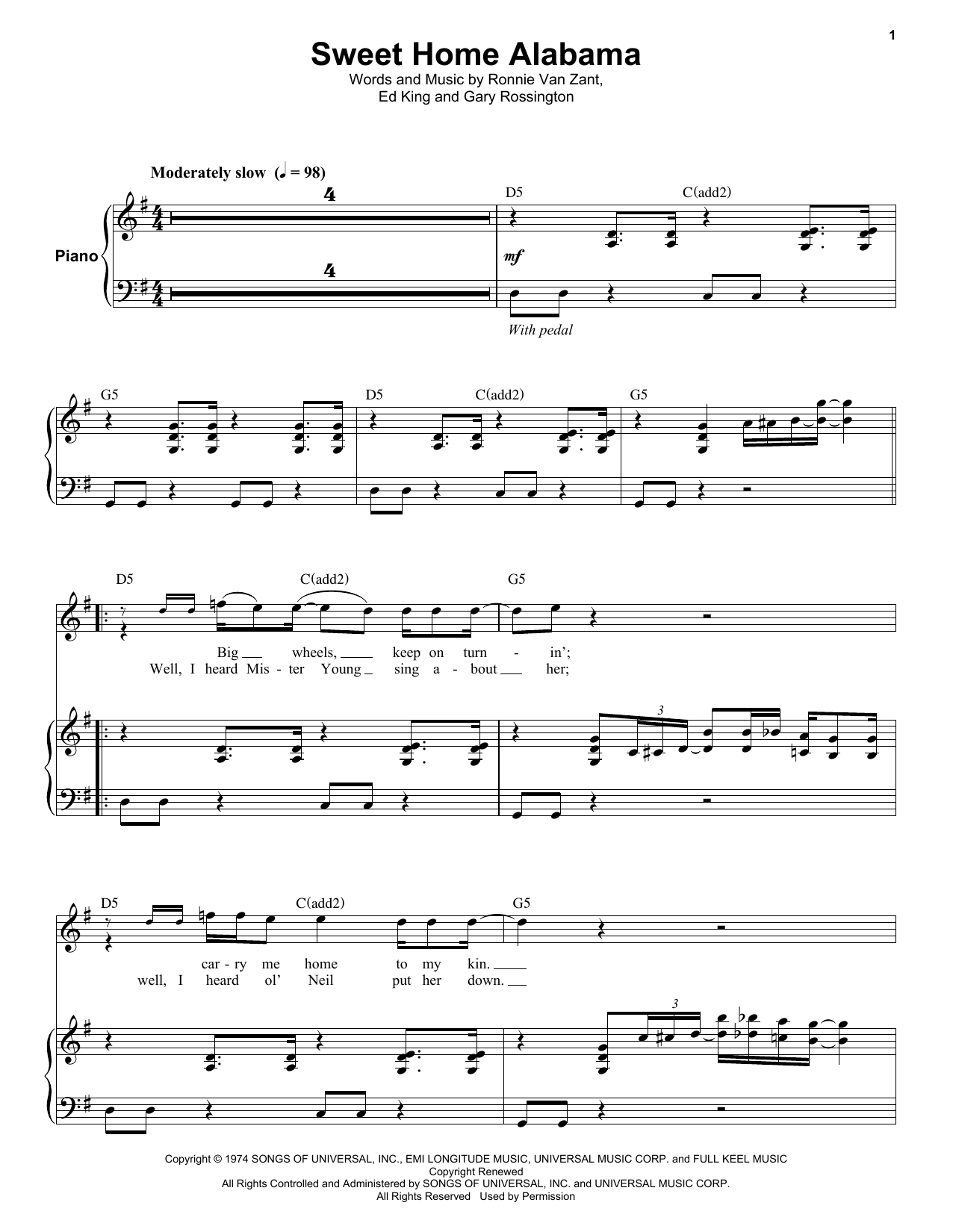 Sweet Home Alabama (Keyboard Transcription) von Lynyrd Skynyrd