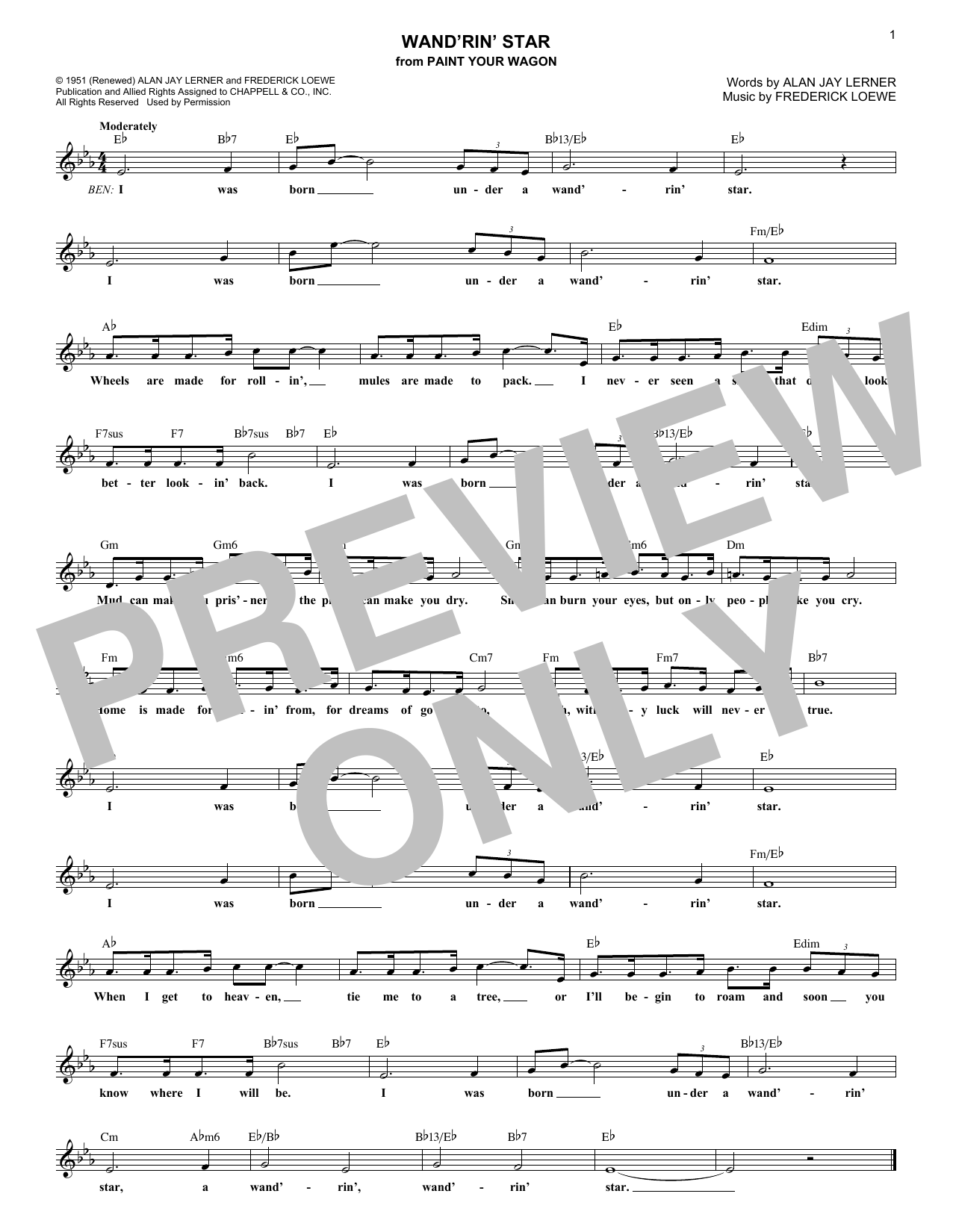 Wand'rin' Star (from Paint Your Wagon) (Lead Sheet / Fake Book) von Lerner & Loewe