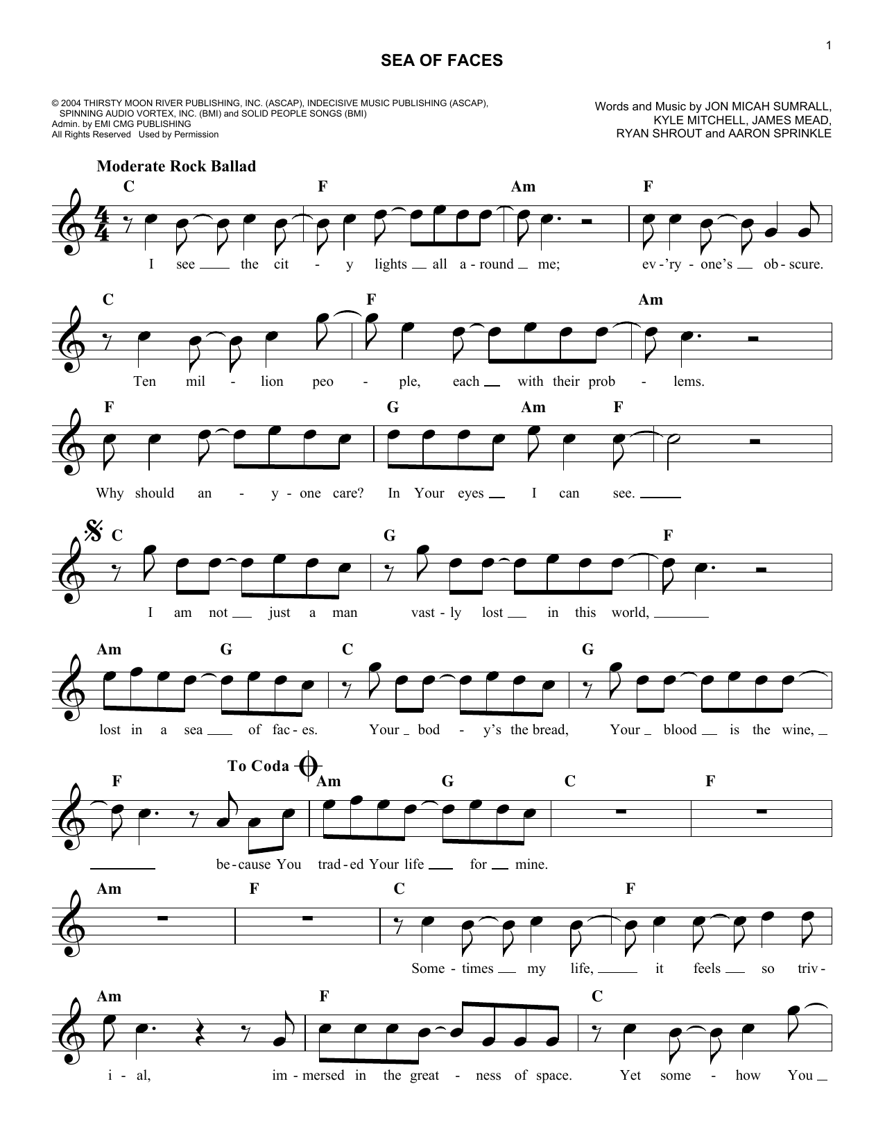 Sea Of Faces (Lead Sheet / Fake Book) von Kutless