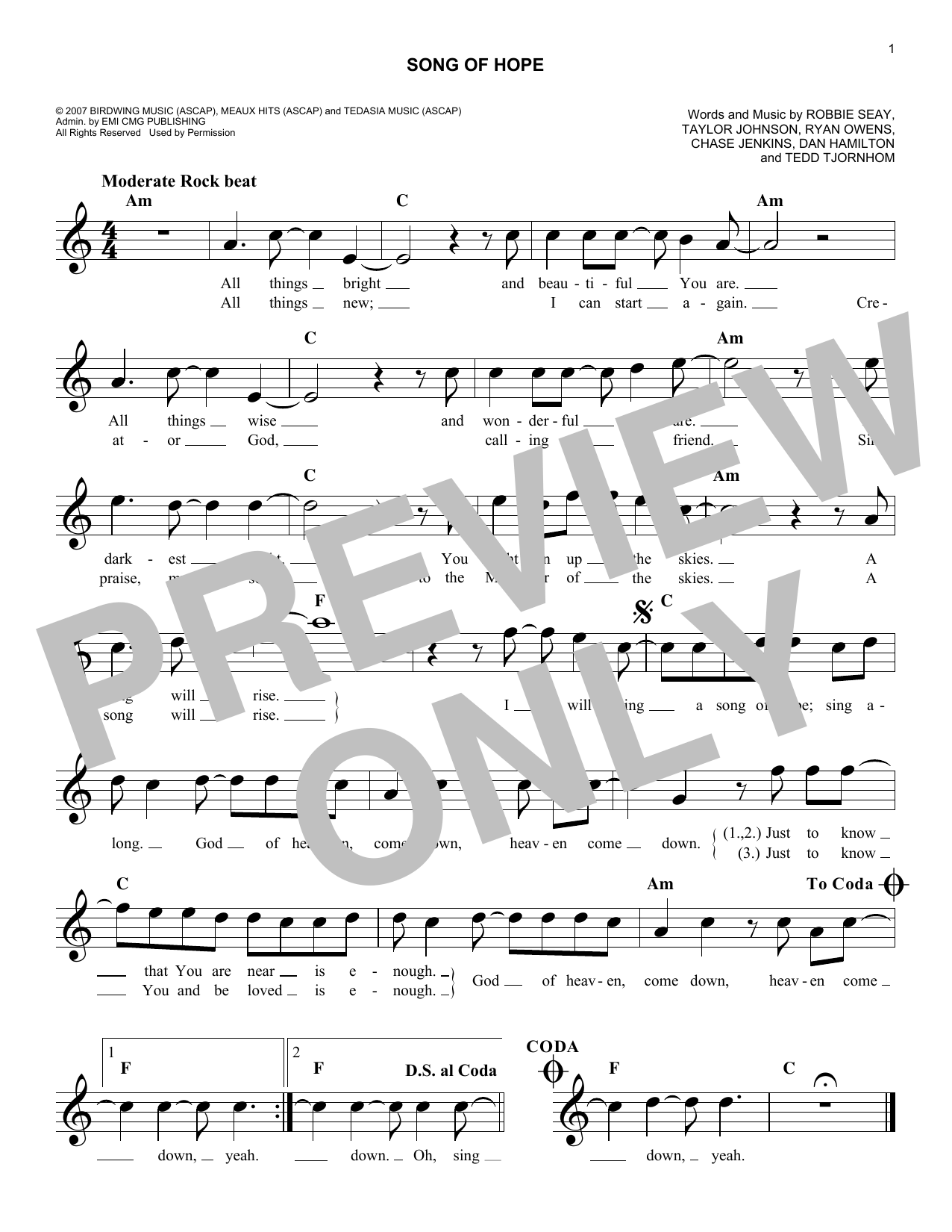 Song Of Hope (Lead Sheet / Fake Book) von Robbie Seay Band