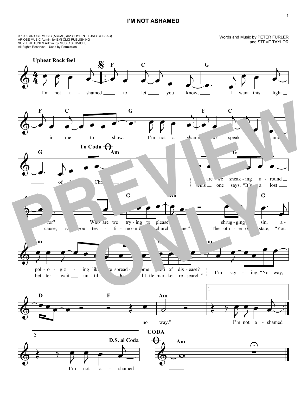 I'm Not Ashamed (Lead Sheet / Fake Book) von Newsboys