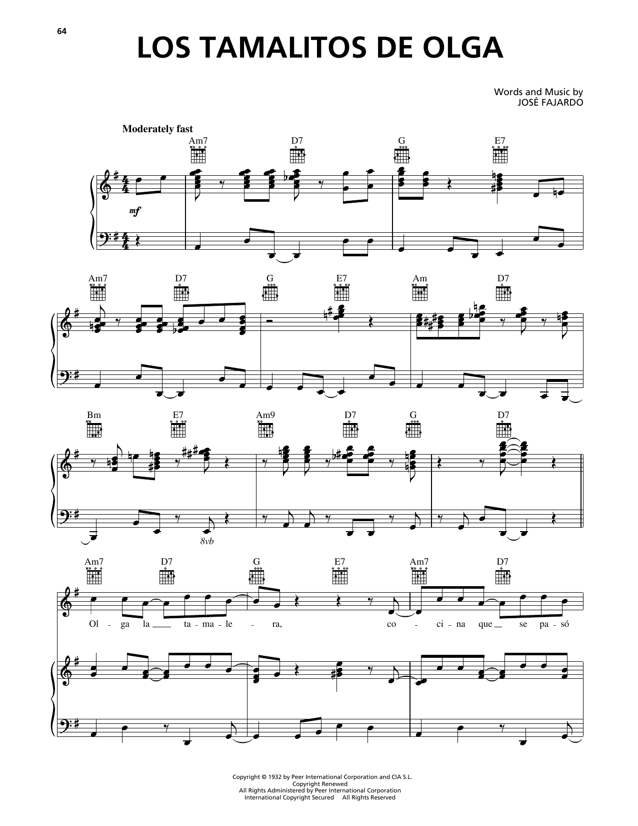 Los Tamalitos de Olga (Piano, Vocal & Guitar Chords (Right-Hand Melody)) von Jose Fajardo