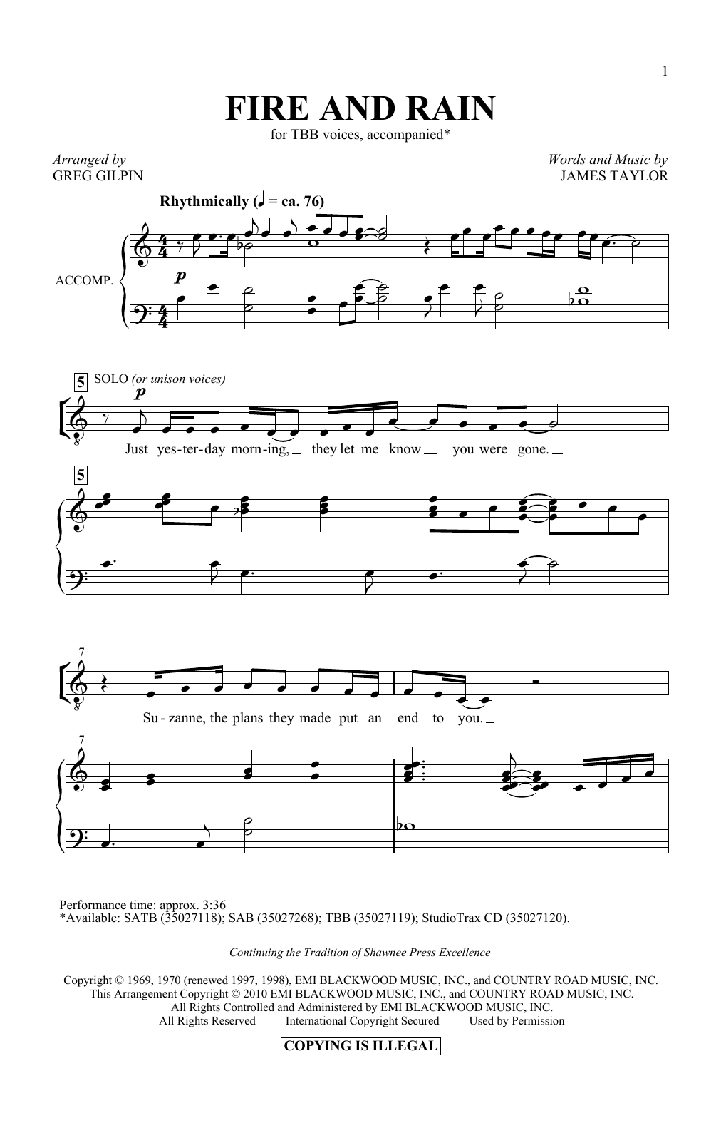 Fire And Rain (arr. Greg Gilpin) (TBB Choir) von James Taylor
