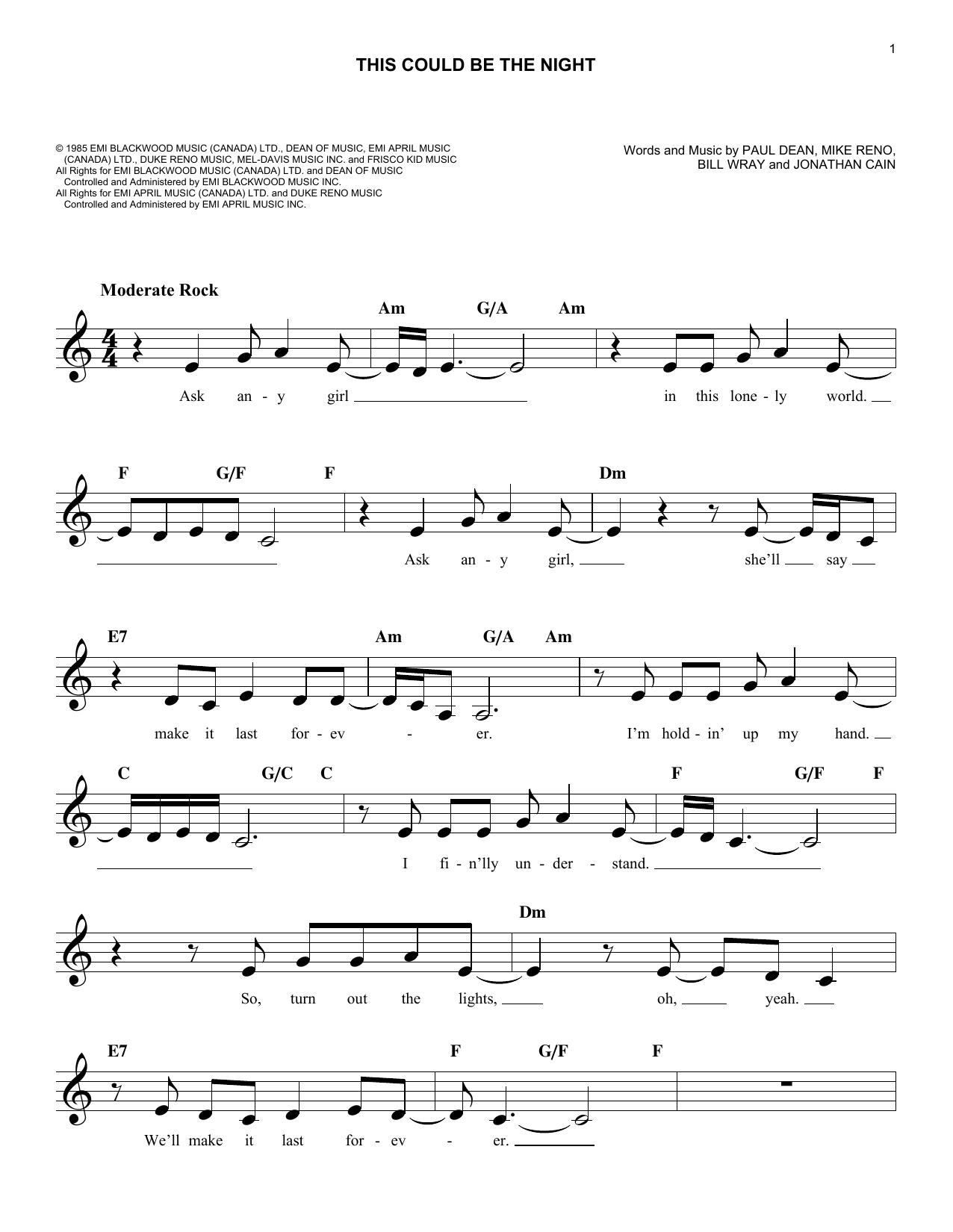 This Could Be The Night (Lead Sheet / Fake Book) von Loverboy