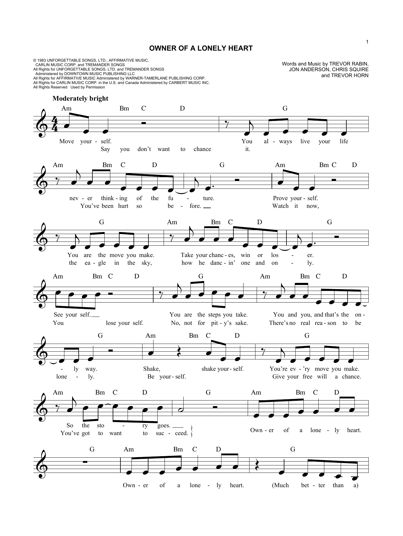 Owner Of A Lonely Heart (Lead Sheet / Fake Book) von Yes