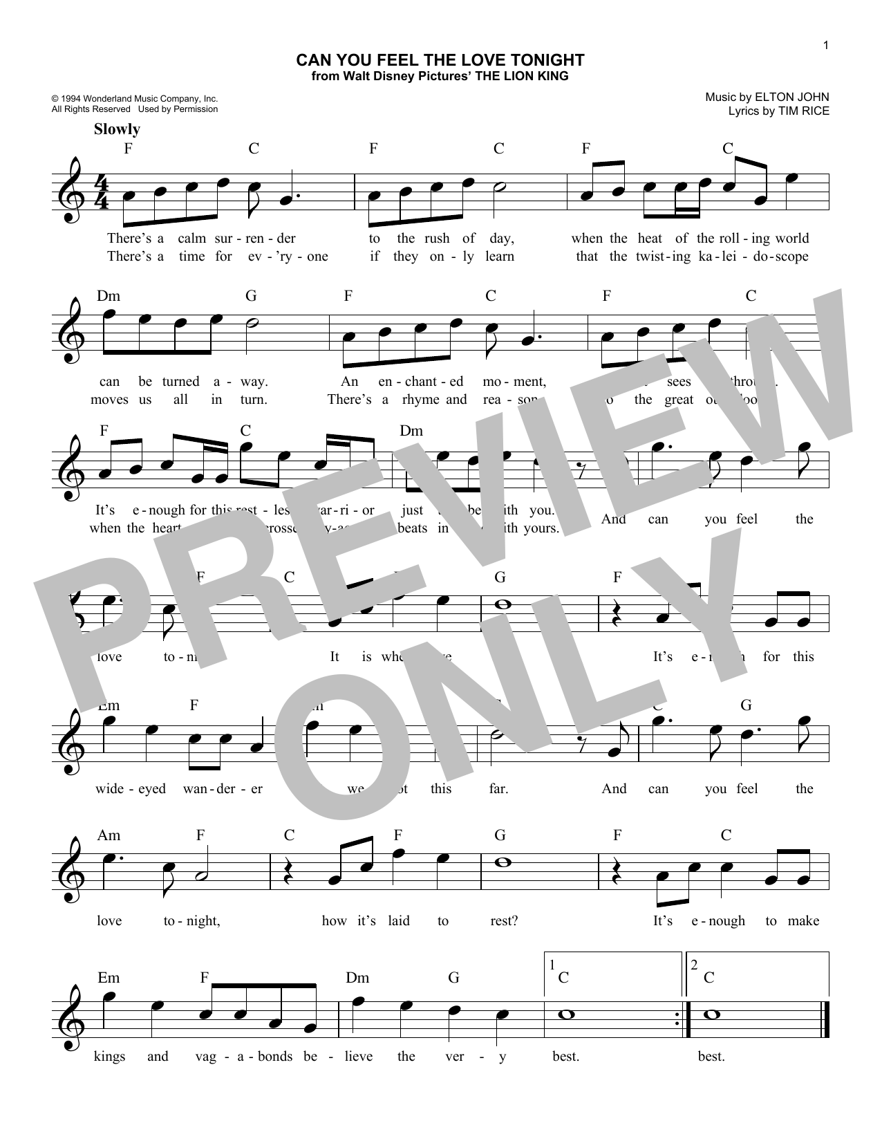 Can You Feel The Love Tonight (from The Lion King) (Lead Sheet / Fake Book) von Elton John