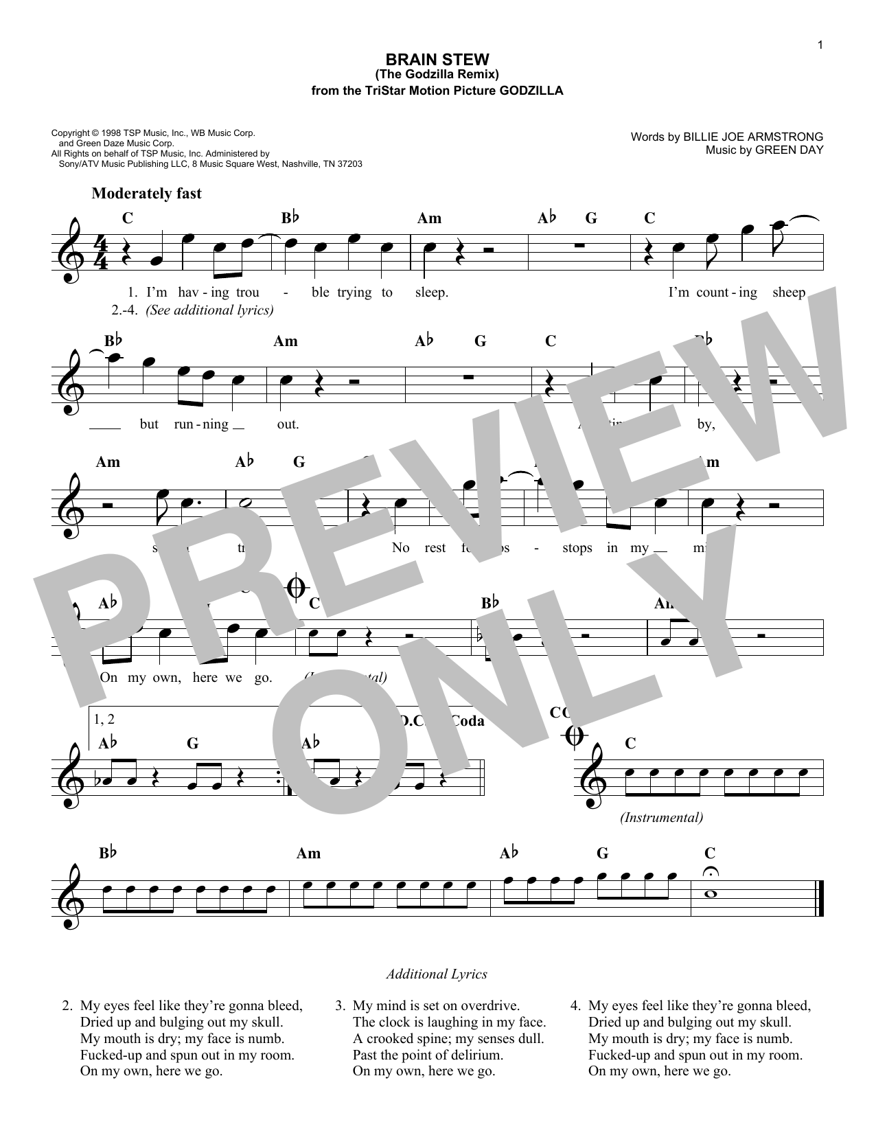 Brain Stew (The Godzilla Remix) (Lead Sheet / Fake Book) von Green Day