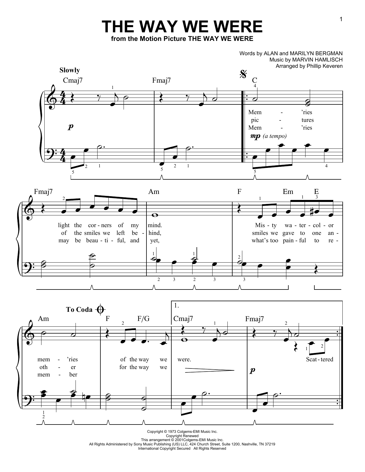 The Way We Were (arr. Phillip Keveren) (Easy Piano) von Barbra Streisand