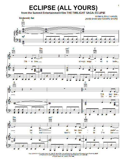 Eclipse (All Yours) (Piano, Vocal & Guitar Chords (Right-Hand Melody)) von Metric