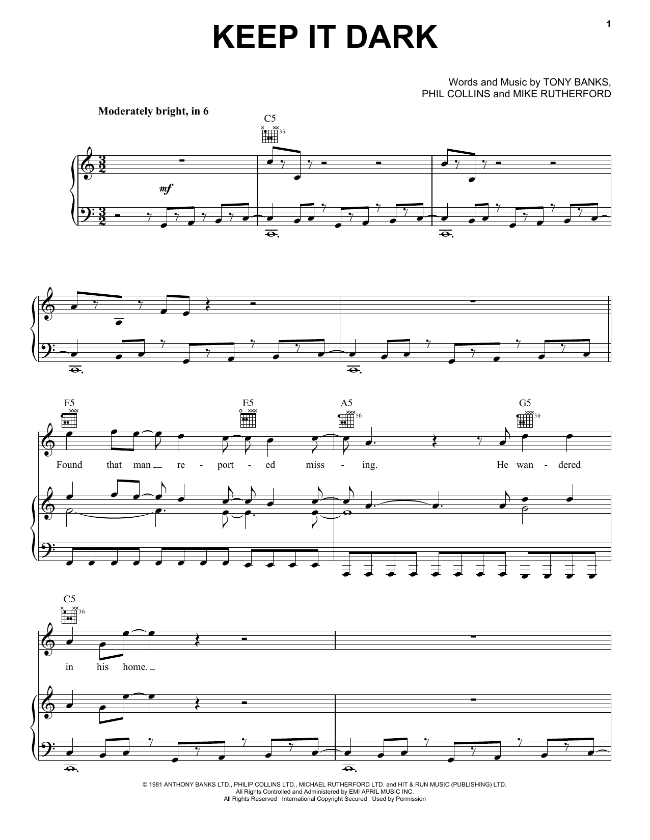 Keep It Dark (Piano, Vocal & Guitar Chords (Right-Hand Melody)) von Genesis