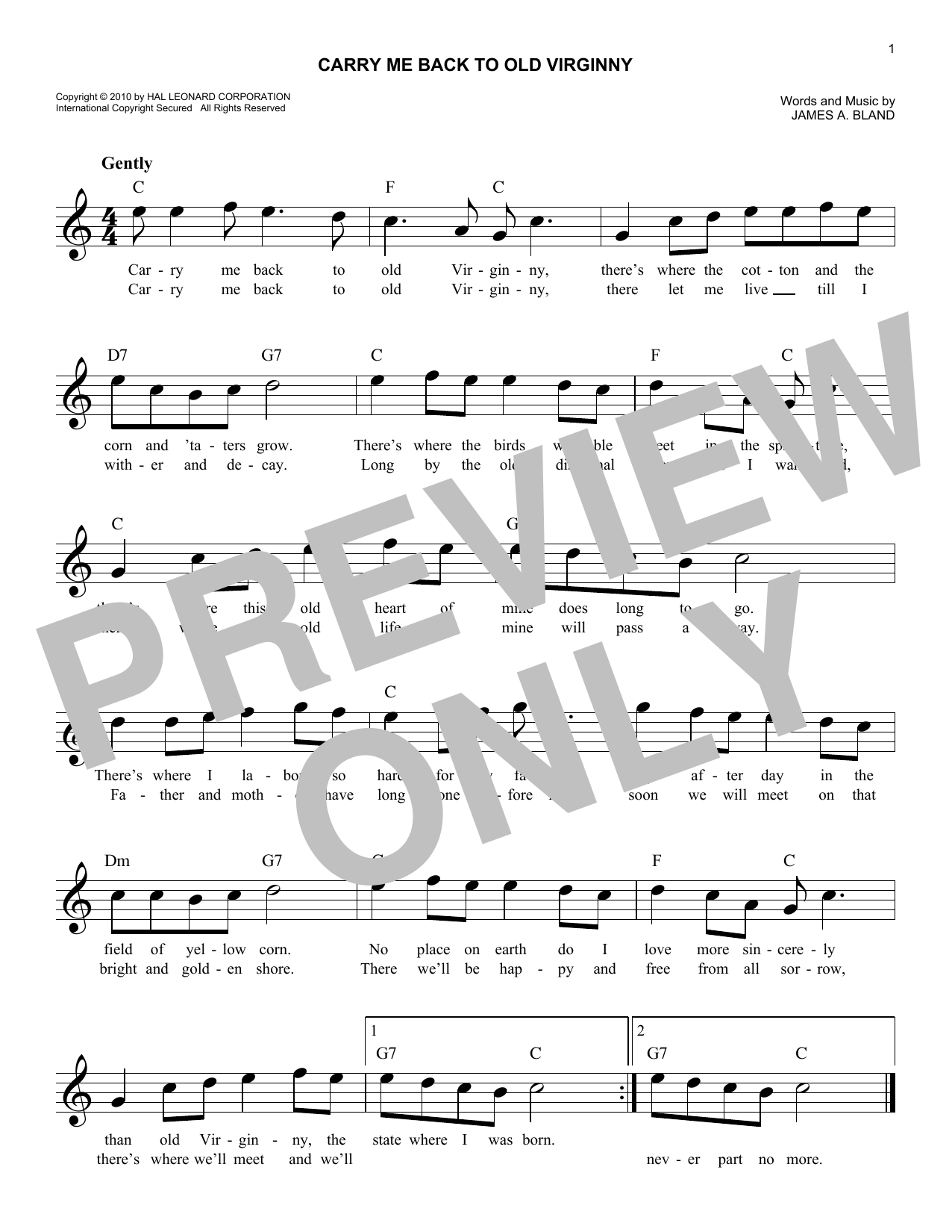 Carry Me Back To Old Virginny (Lead Sheet / Fake Book) von James A. Bland